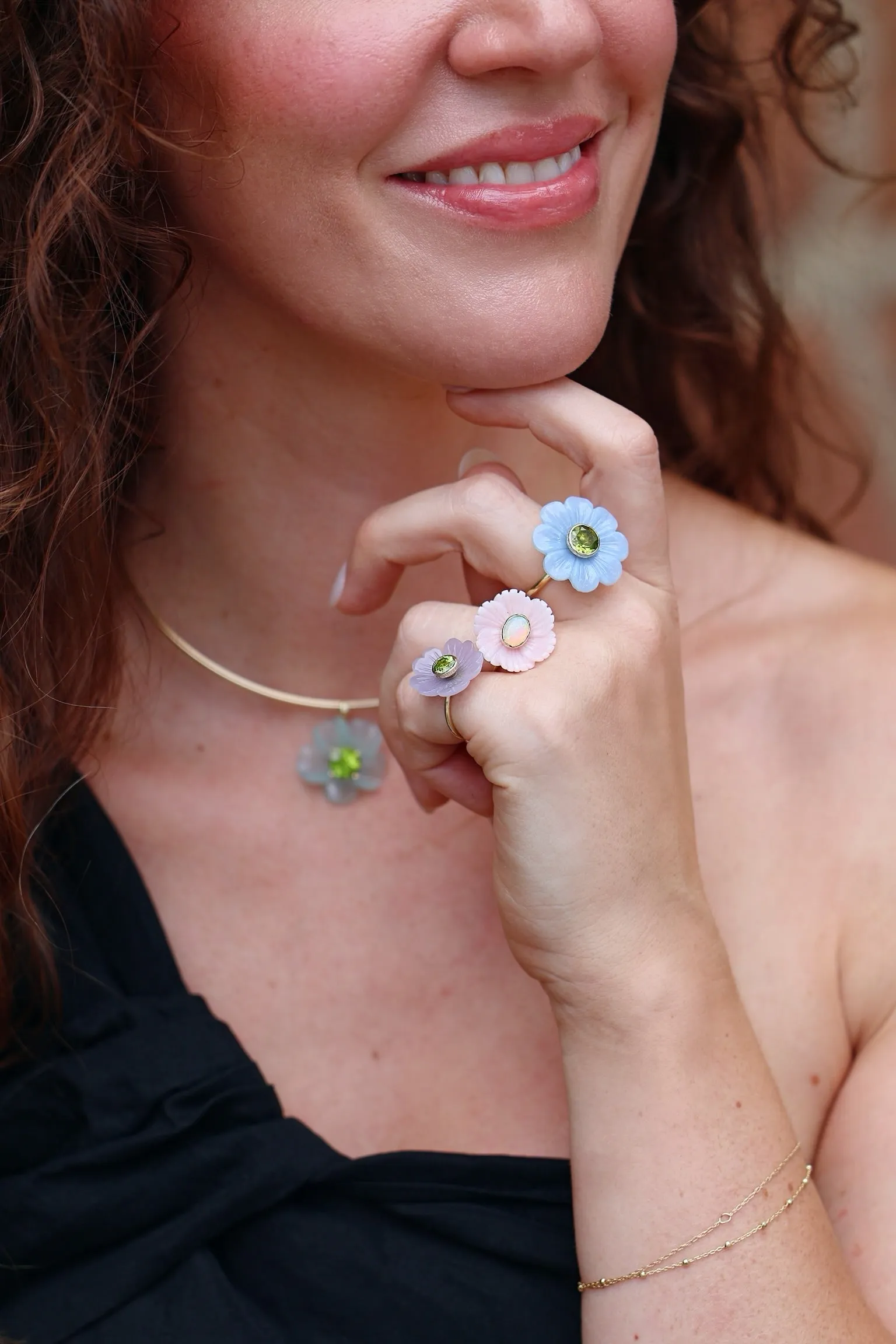 Big Daisy Blue Opal & Peridot Flower Ring