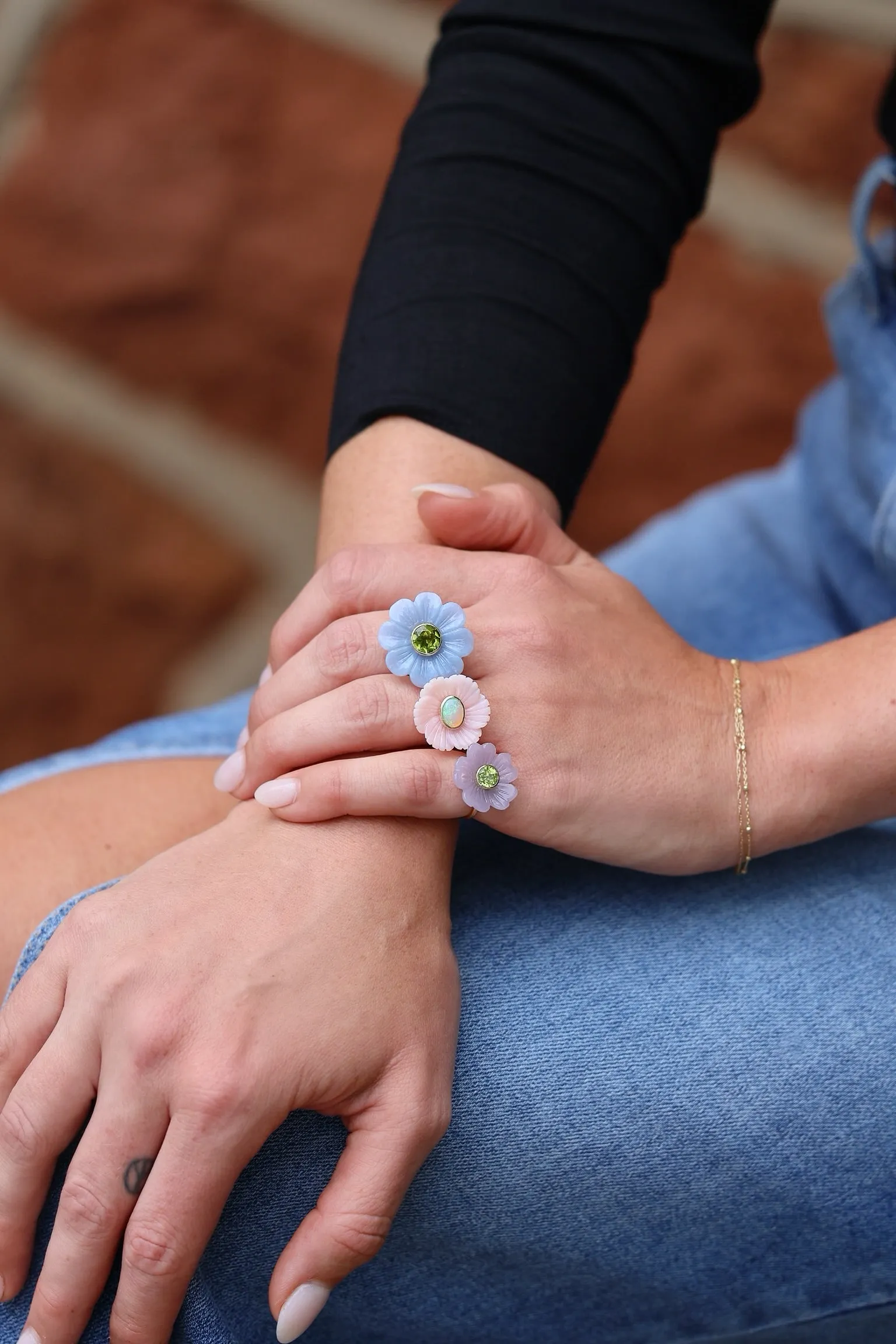 Big Daisy Blue Opal & Peridot Flower Ring