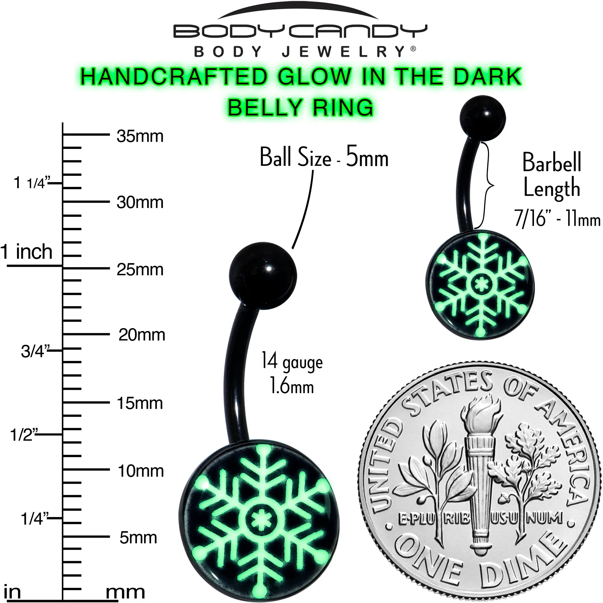 Black Glow in the Dark Holiday Snowflake Belly Ring
