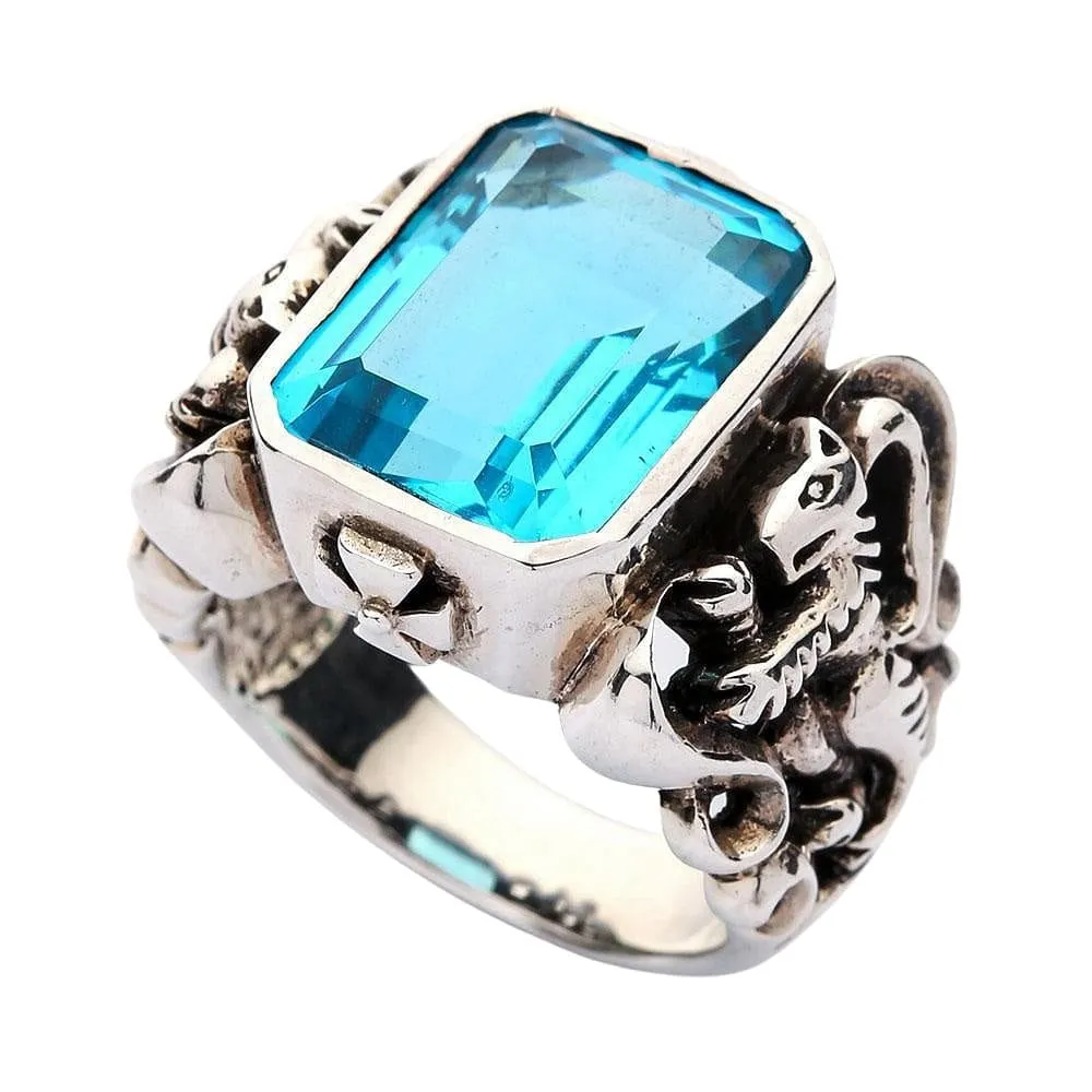 Blue Topaz Scottish Lion Rampant Mens Ring