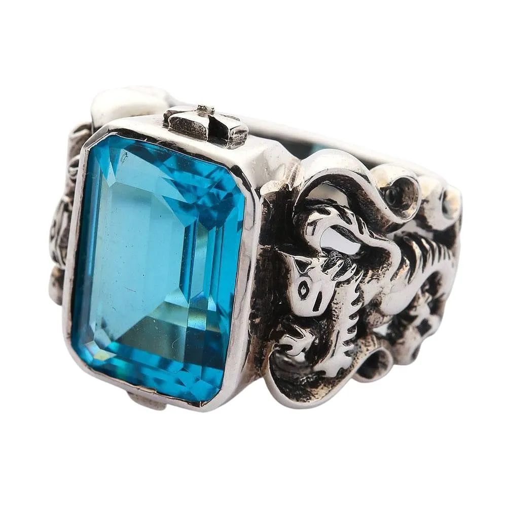 Blue Topaz Scottish Lion Rampant Mens Ring