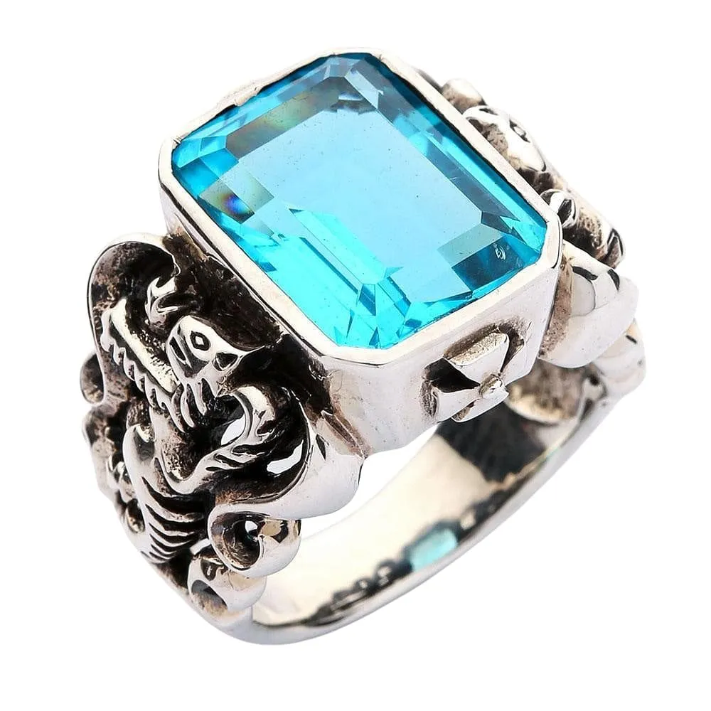 Blue Topaz Scottish Lion Rampant Mens Ring