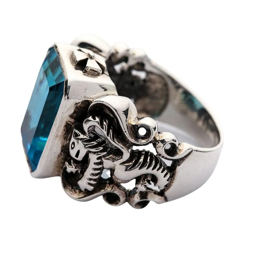 Blue Topaz Scottish Lion Rampant Mens Ring