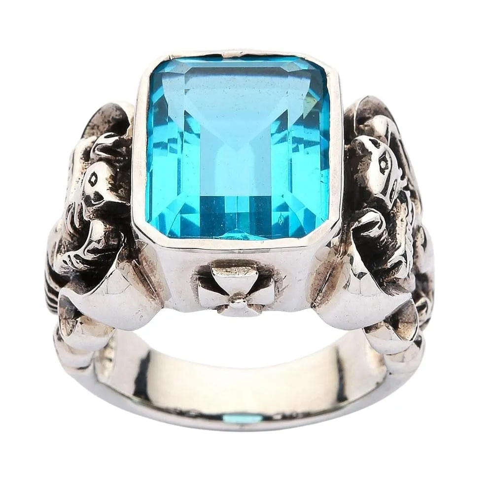 Blue Topaz Scottish Lion Rampant Mens Ring