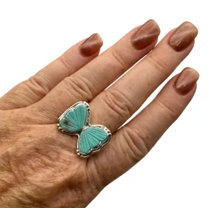 BUTTERFLY carved Tibetan Turquoise Solid 925 Sterling Silver Ring 9.5