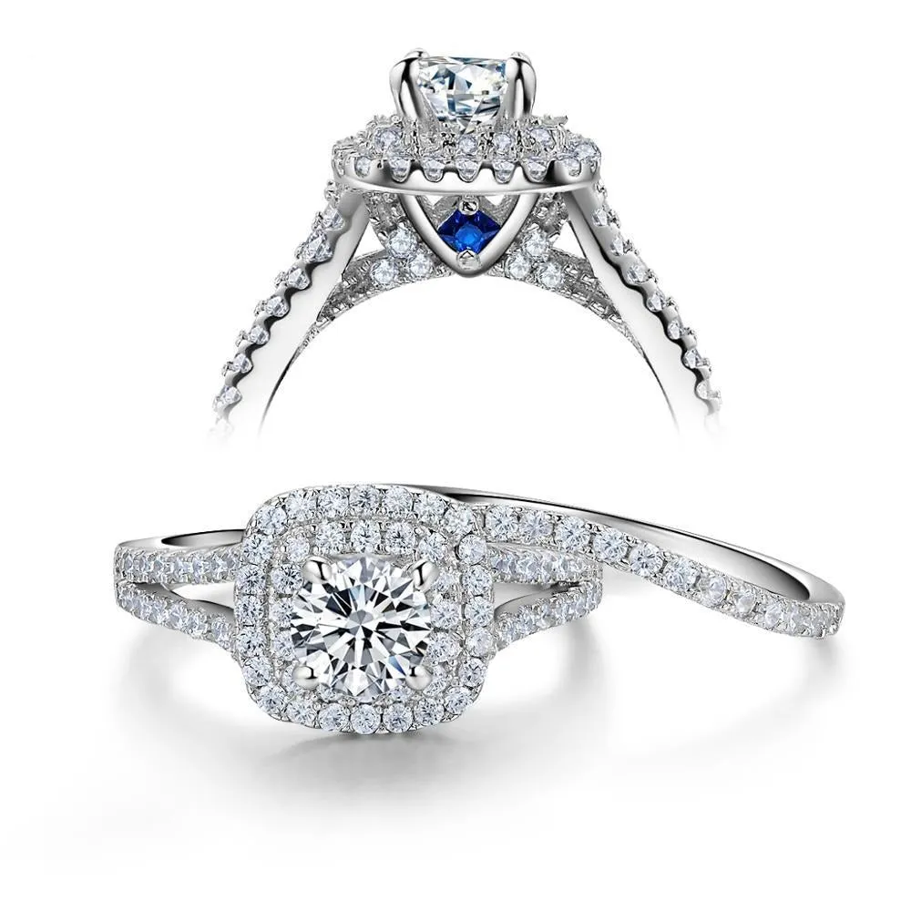 Classic Victorian Style Ring Sets Blue Side Stones Solid 925 Sterling Silver