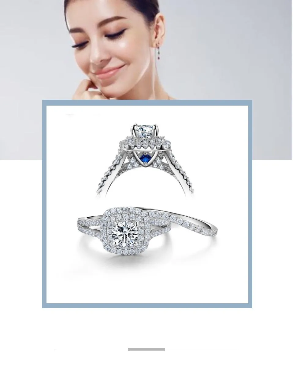 Classic Victorian Style Ring Sets Blue Side Stones Solid 925 Sterling Silver