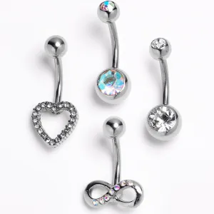 Clear Aurora Gem Heart Infinity Belly Ring Set of 4