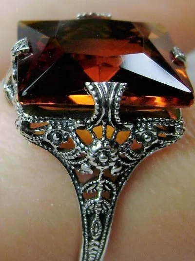 Cognac Citrine Ring, 12ct Square Gem, Victorian Jewelry #D77