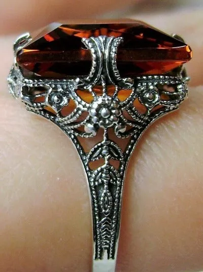 Cognac Citrine Ring, 12ct Square Gem, Victorian Jewelry #D77