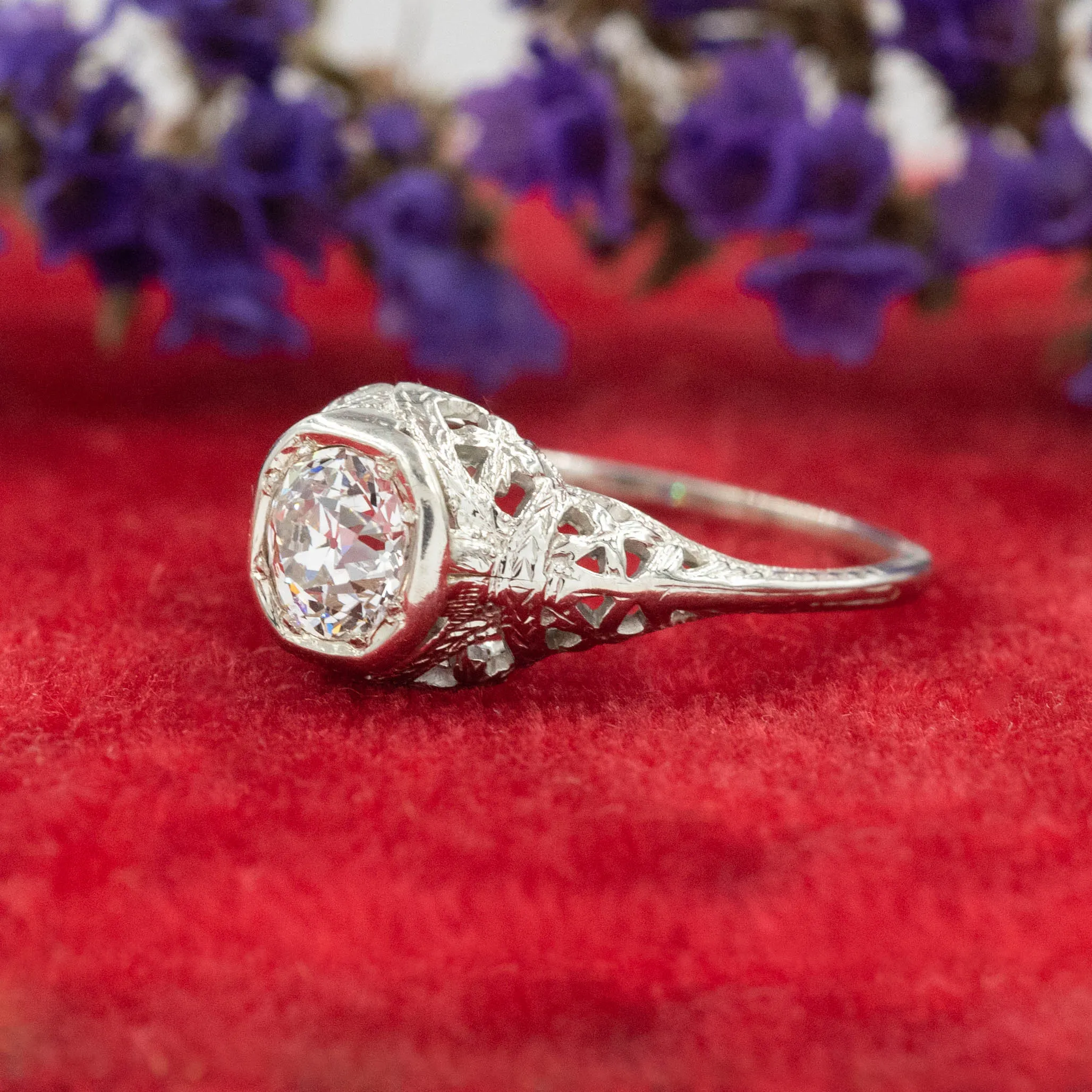 Colorless 1.05 Transitional Cut Diamond Filigree Ring c1920