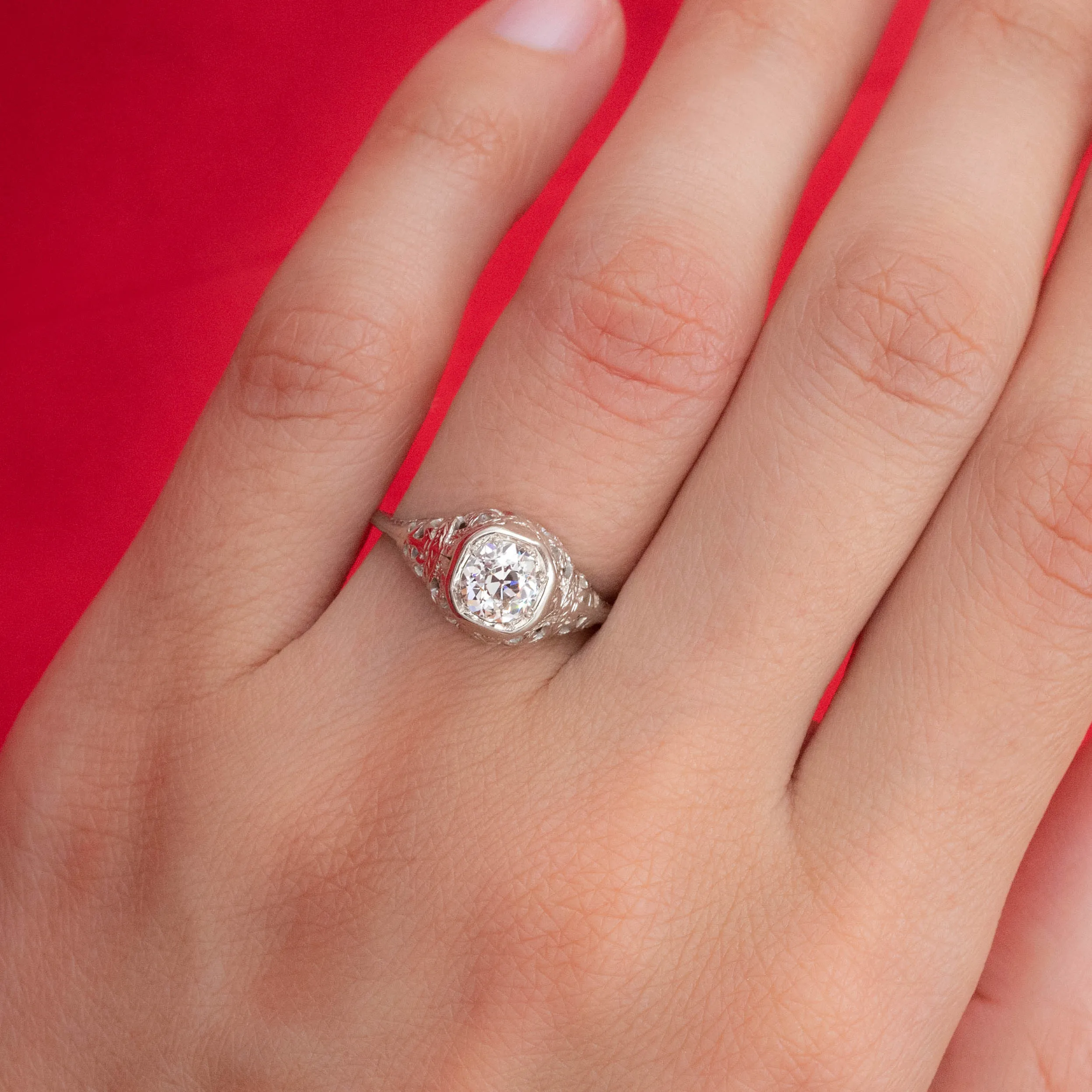 Colorless 1.05 Transitional Cut Diamond Filigree Ring c1920