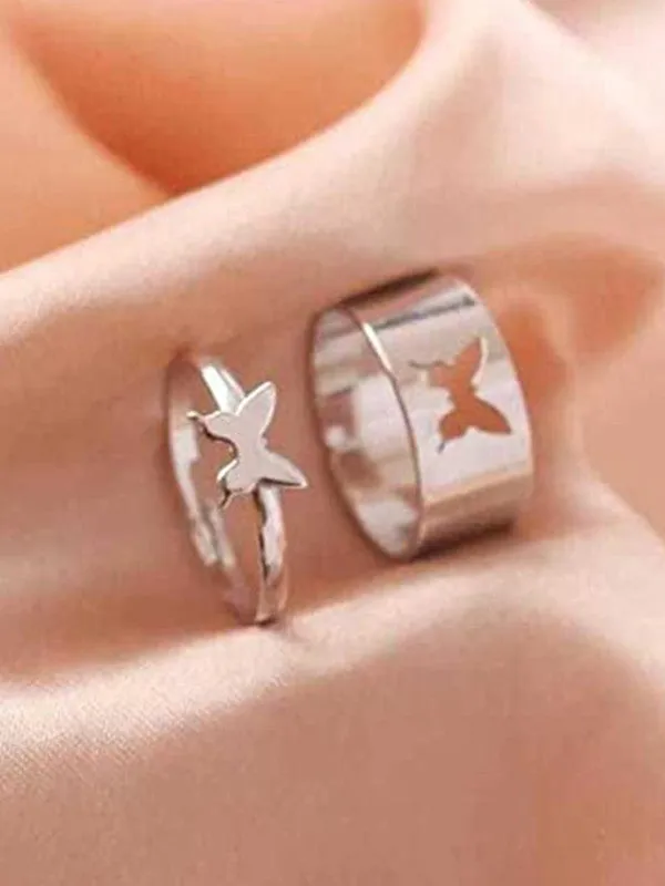 Combo of 2 Silver Butterfly Matching Couple Ring