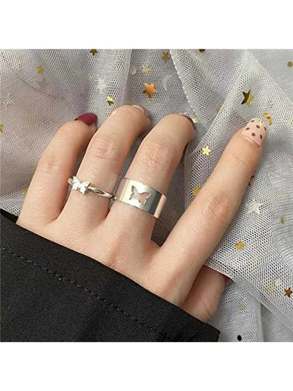 Combo of 2 Silver Butterfly Matching Couple Ring