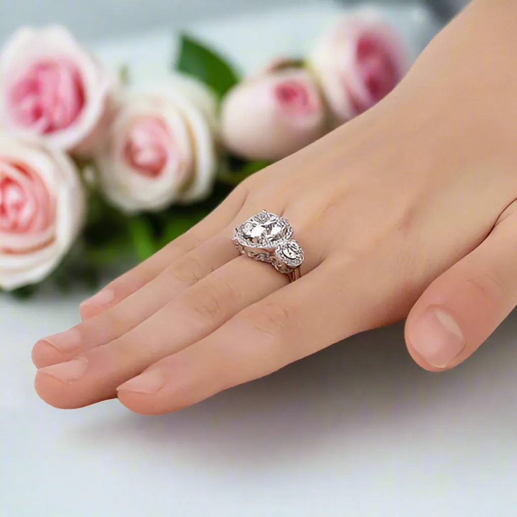 Created Diamond Vintage Victorian Art Deco Three-Stone Engagement Ring 3.5 Ct