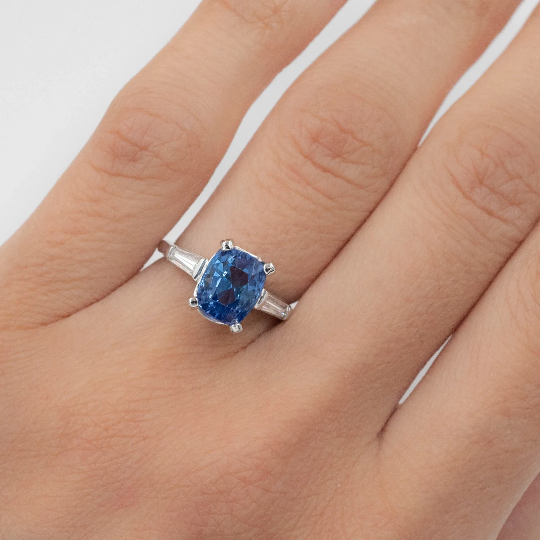 Cushion Cut Untreated Sapphire and Diamond Ring c1950