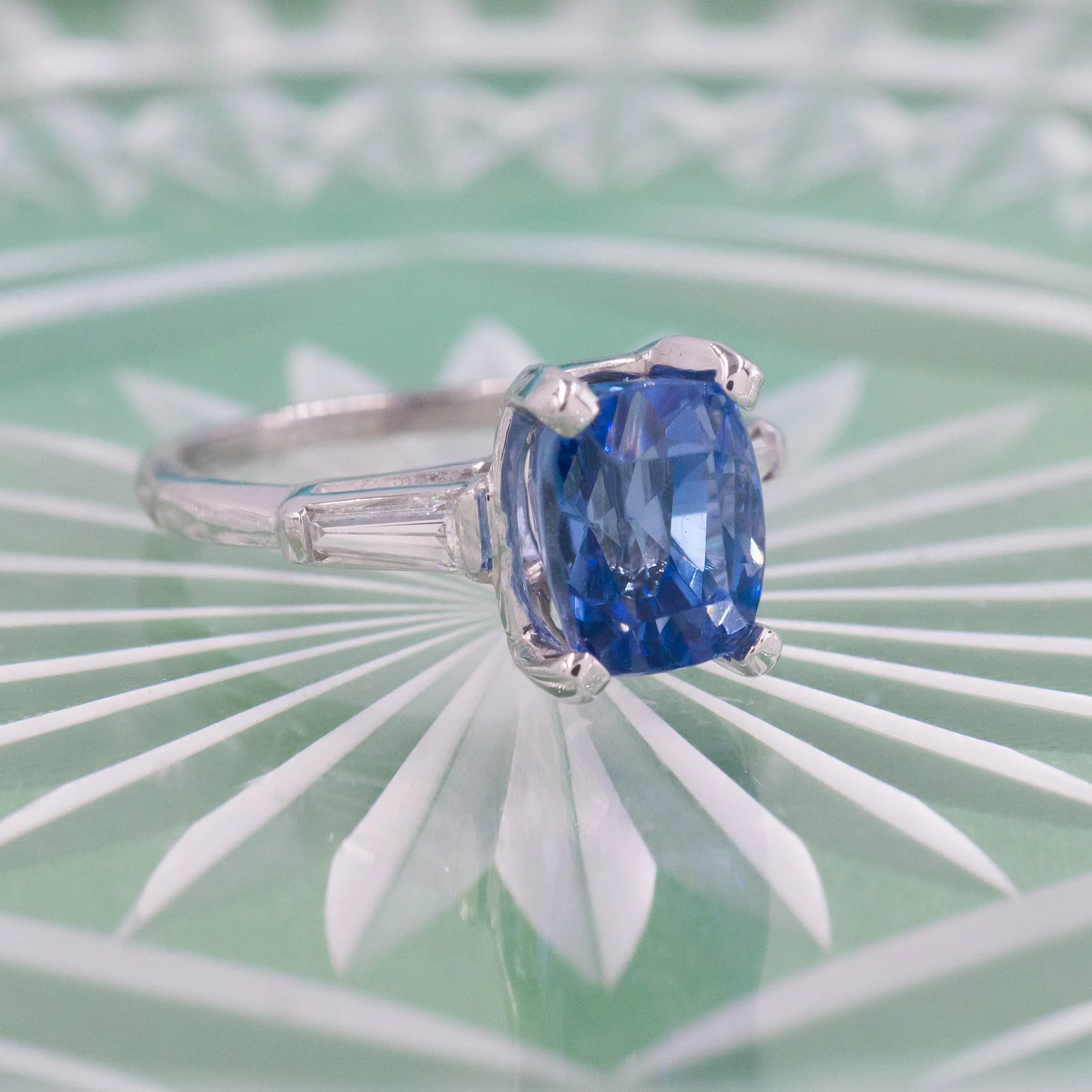Cushion Cut Untreated Sapphire and Diamond Ring c1950