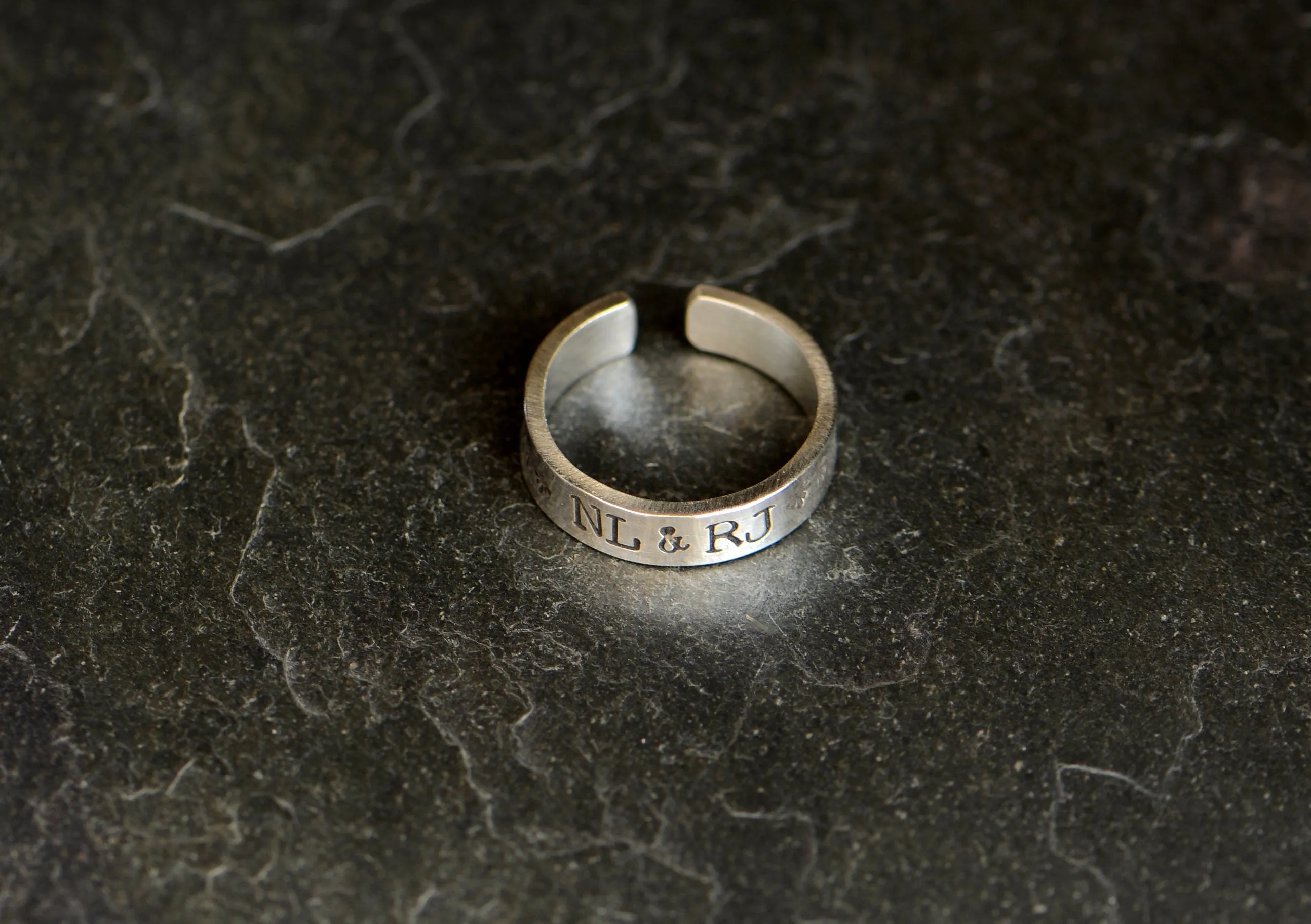 custom sterling silver toe ring with initials and small stars
