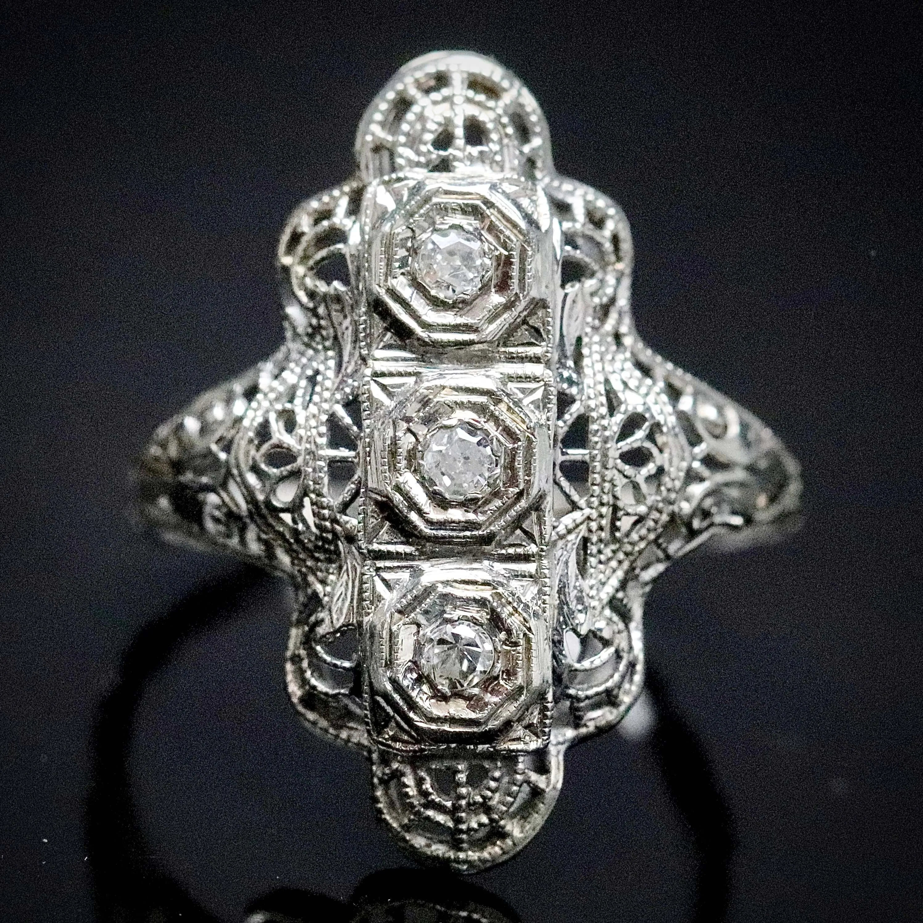 Detailed diamond filigree plaque ring in 14k white gold