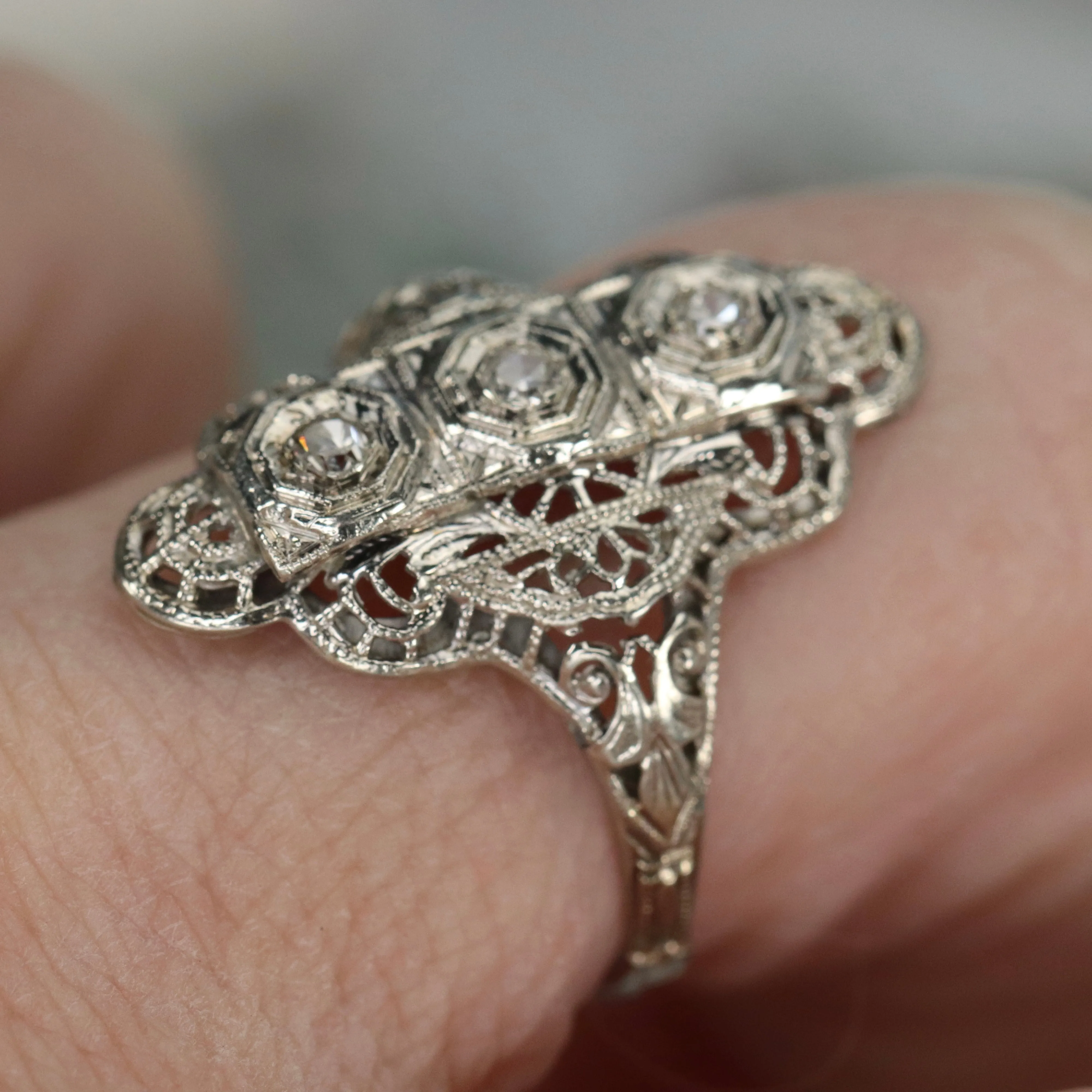 Detailed diamond filigree plaque ring in 14k white gold