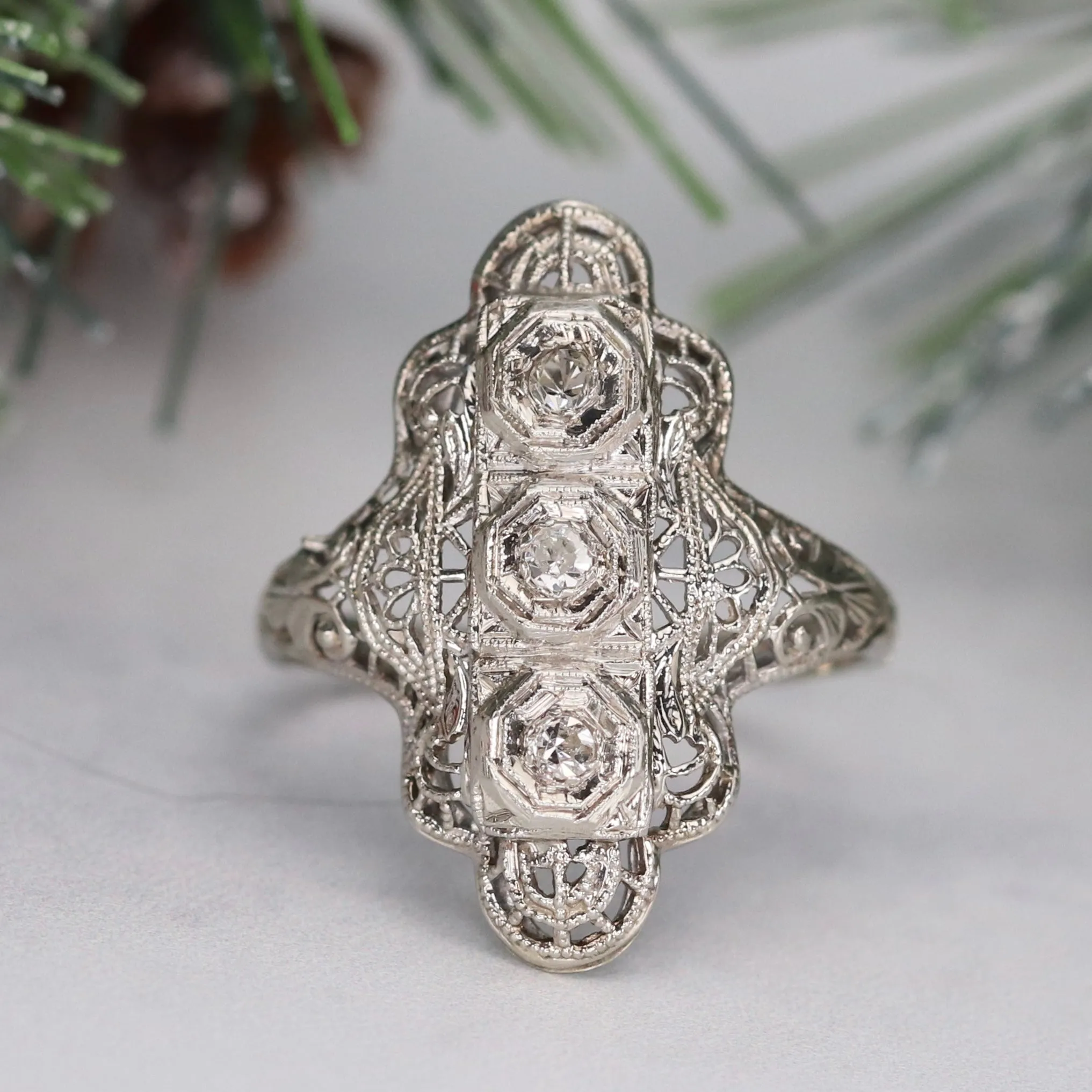 Detailed diamond filigree plaque ring in 14k white gold