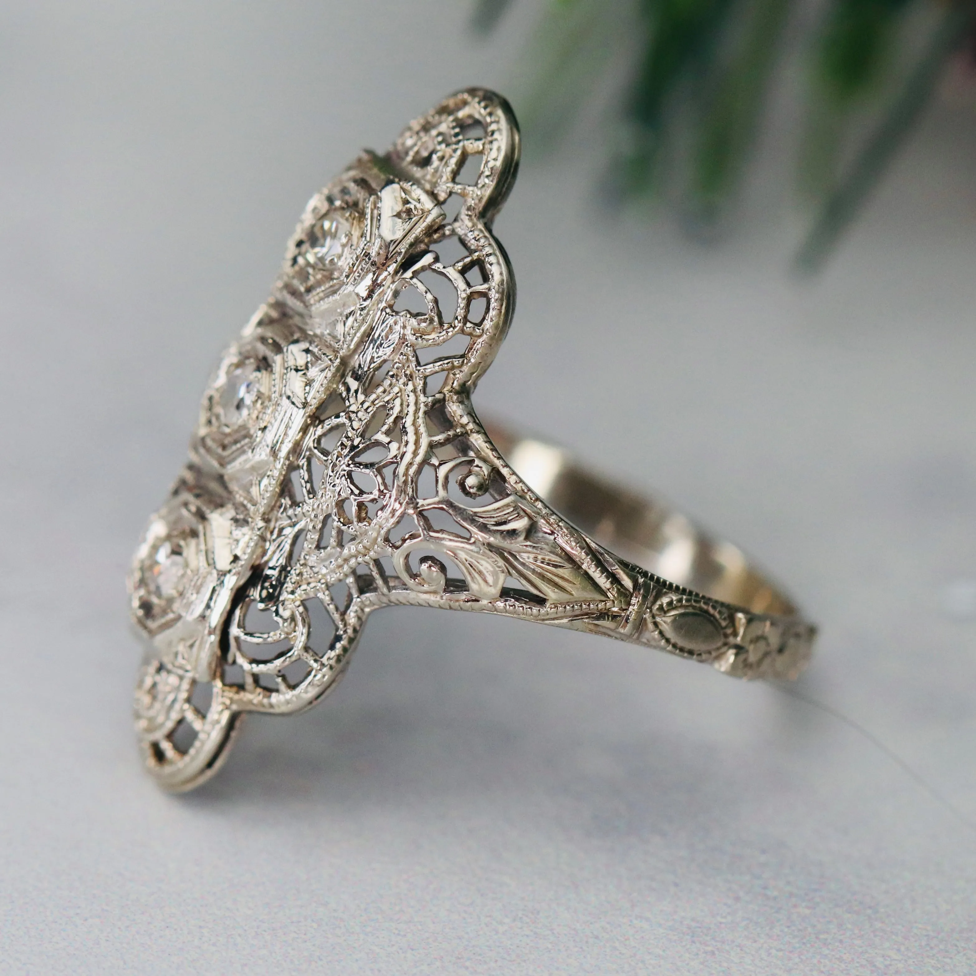 Detailed diamond filigree plaque ring in 14k white gold