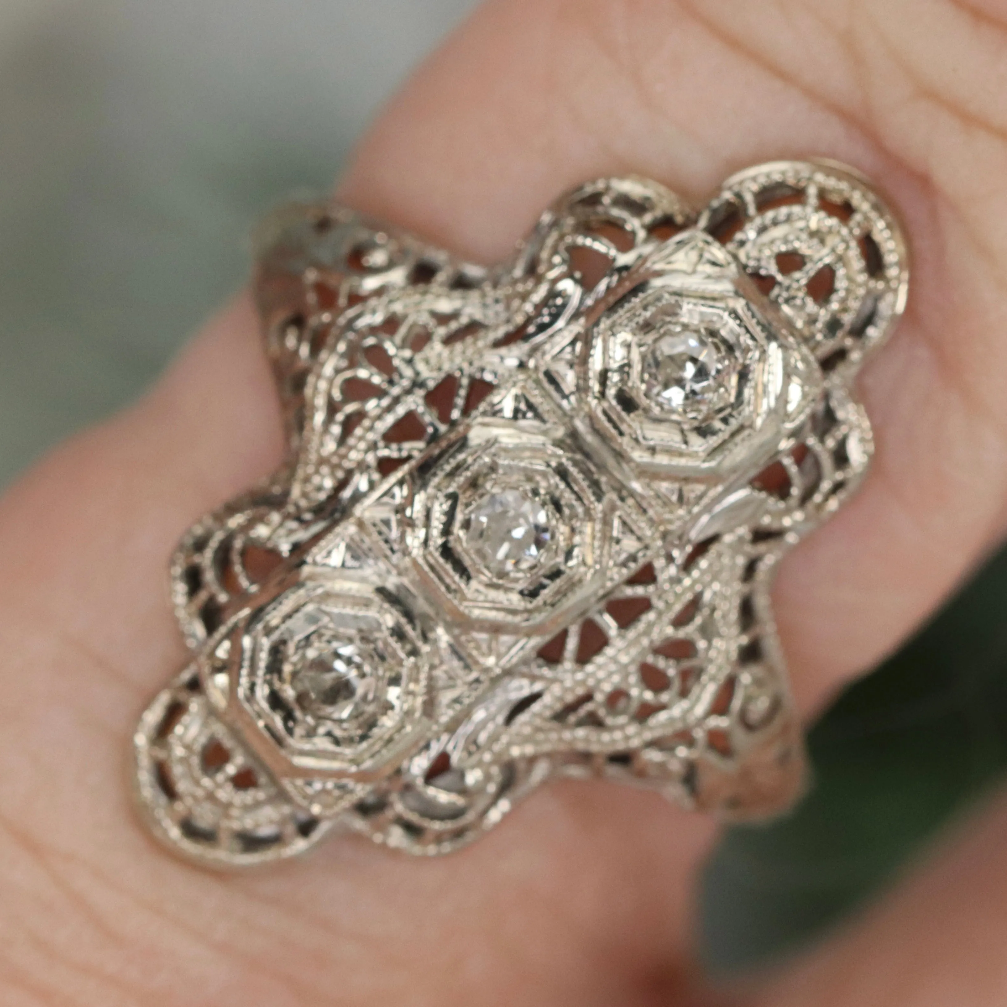 Detailed diamond filigree plaque ring in 14k white gold