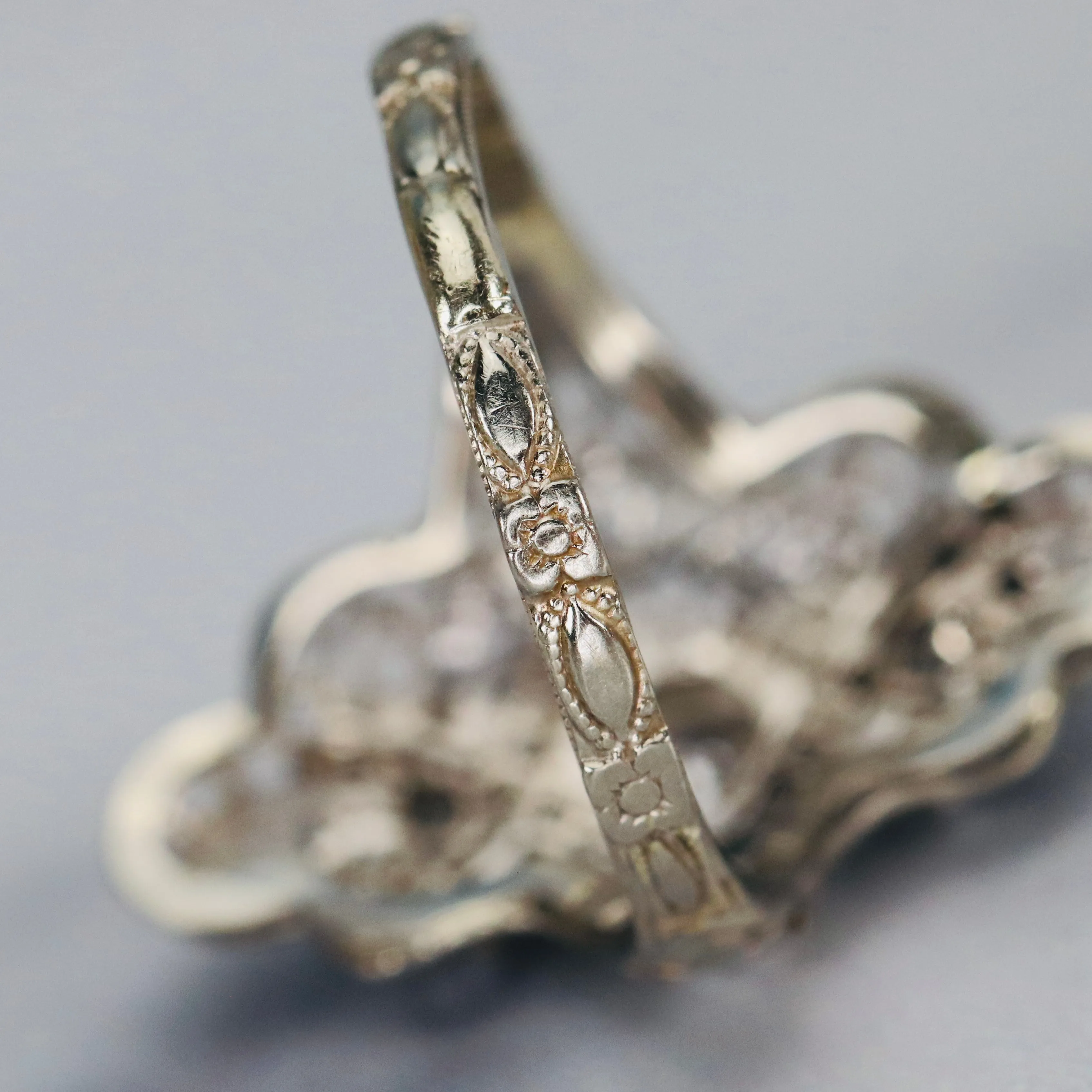 Detailed diamond filigree plaque ring in 14k white gold