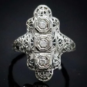 Detailed diamond filigree plaque ring in 14k white gold