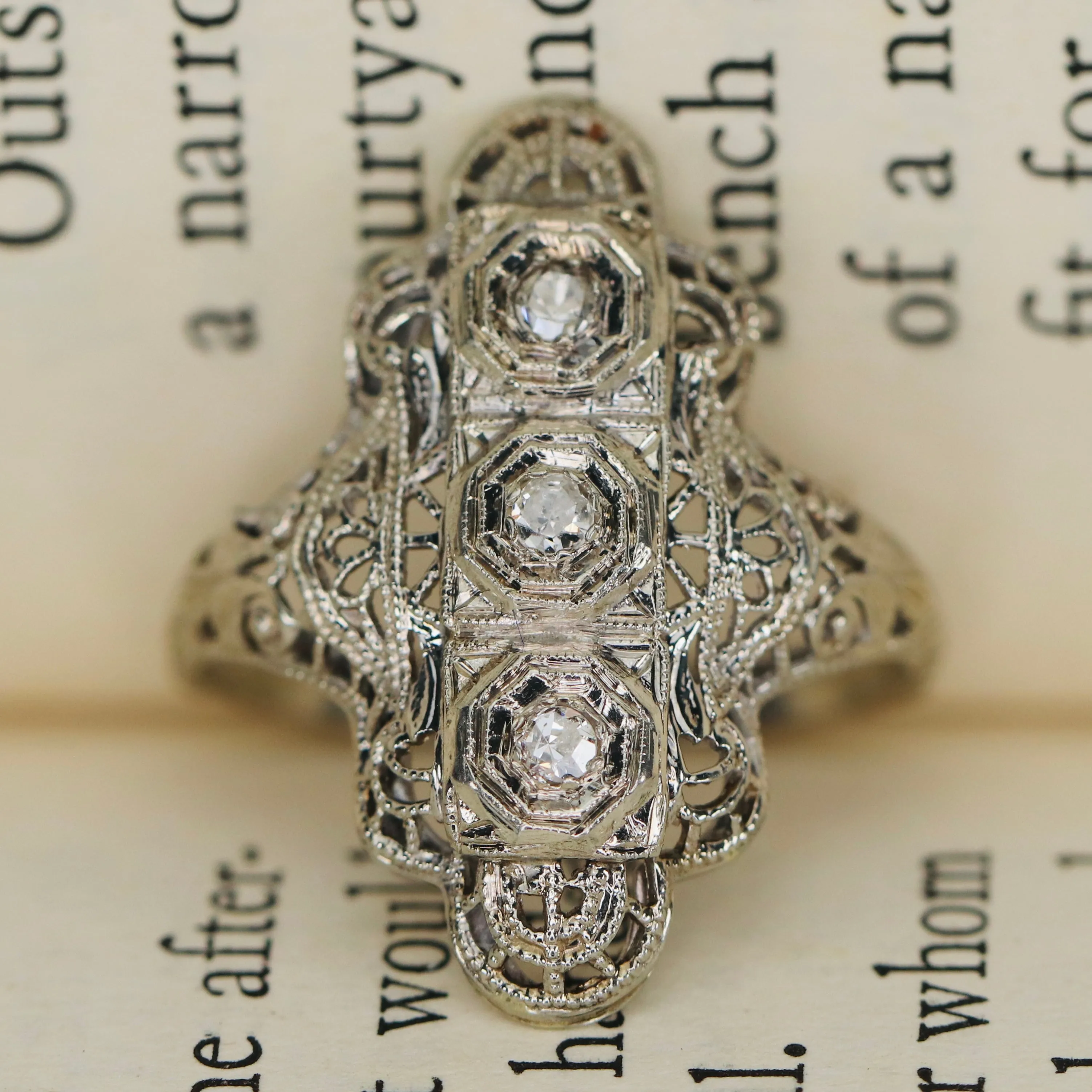 Detailed diamond filigree plaque ring in 14k white gold