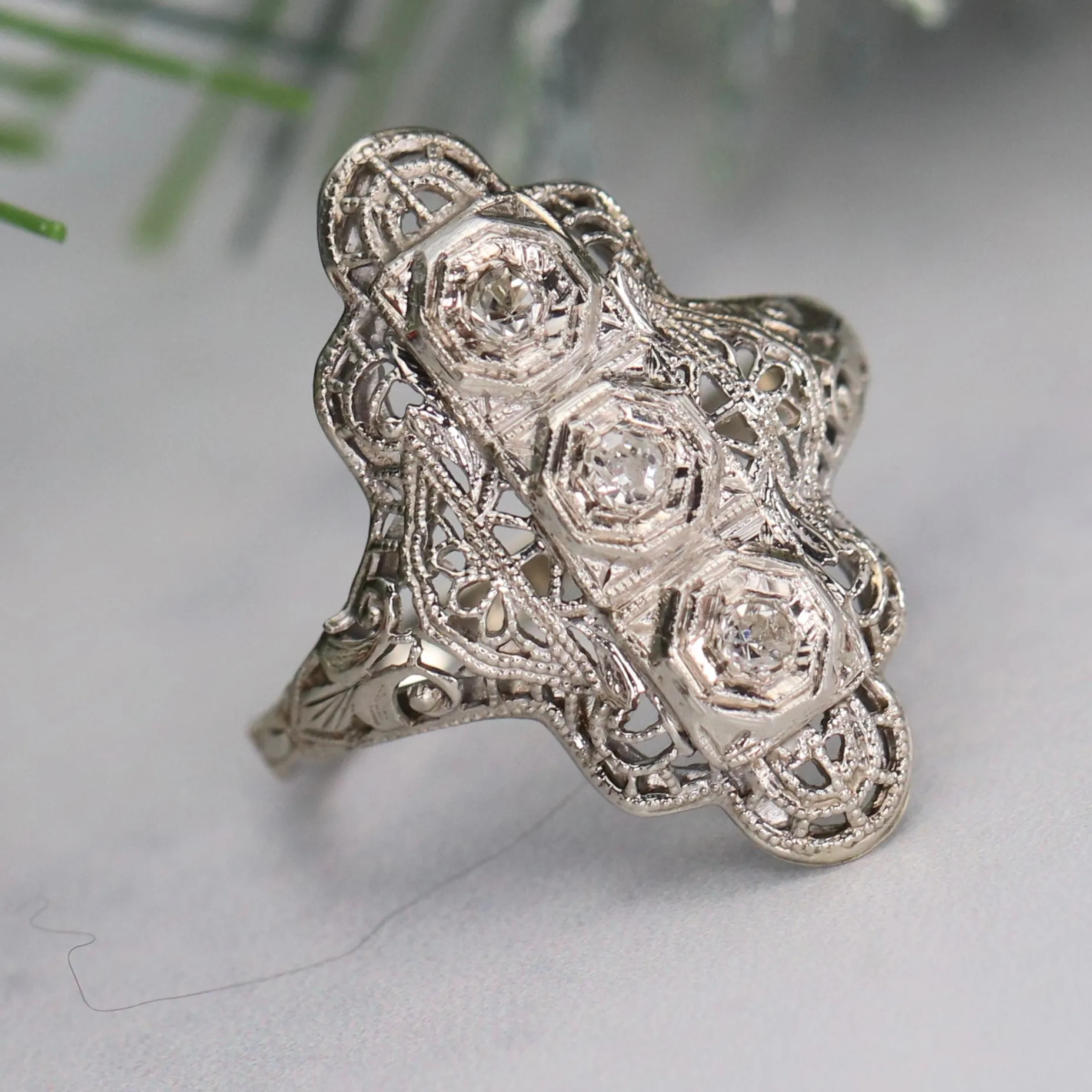 Detailed diamond filigree plaque ring in 14k white gold