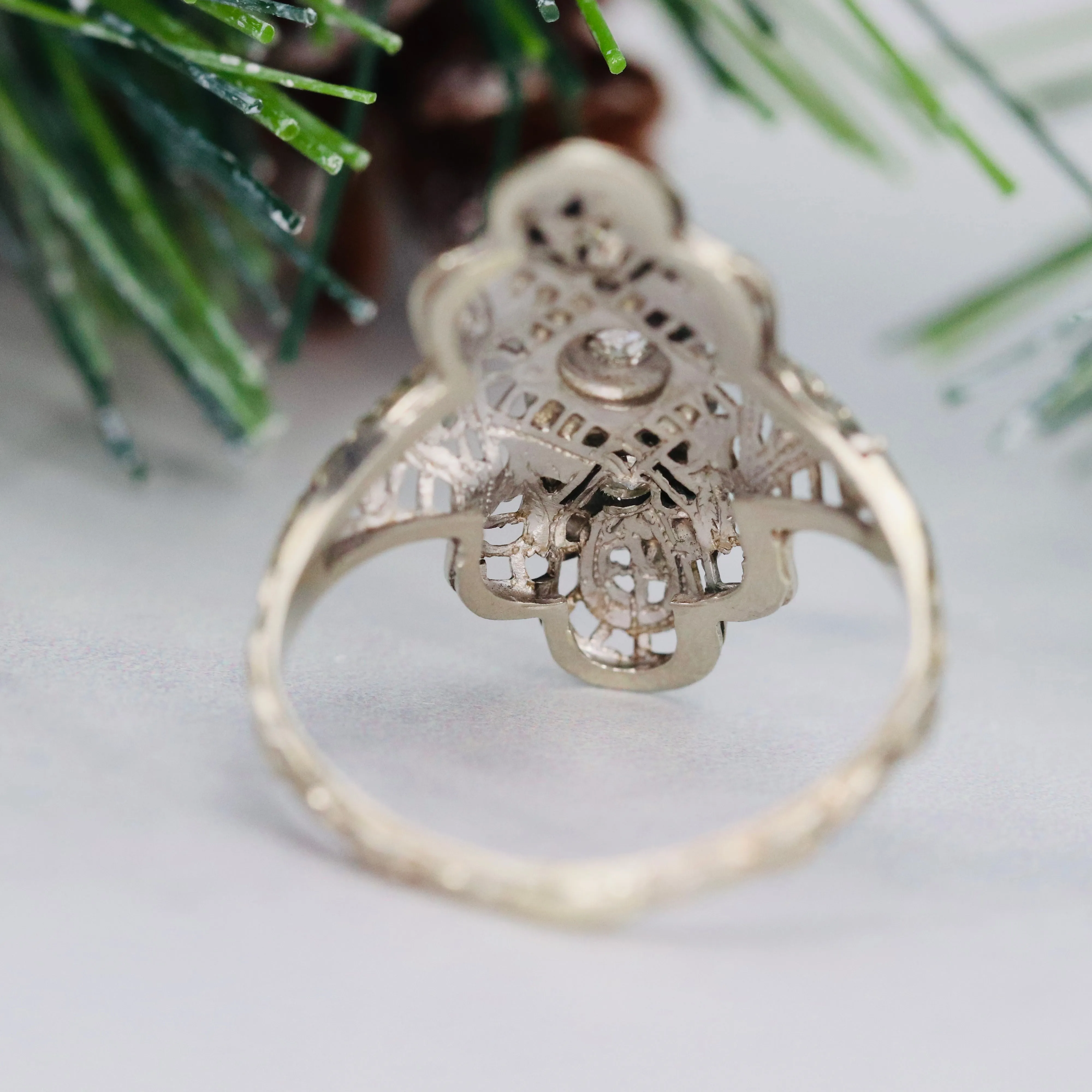 Detailed diamond filigree plaque ring in 14k white gold