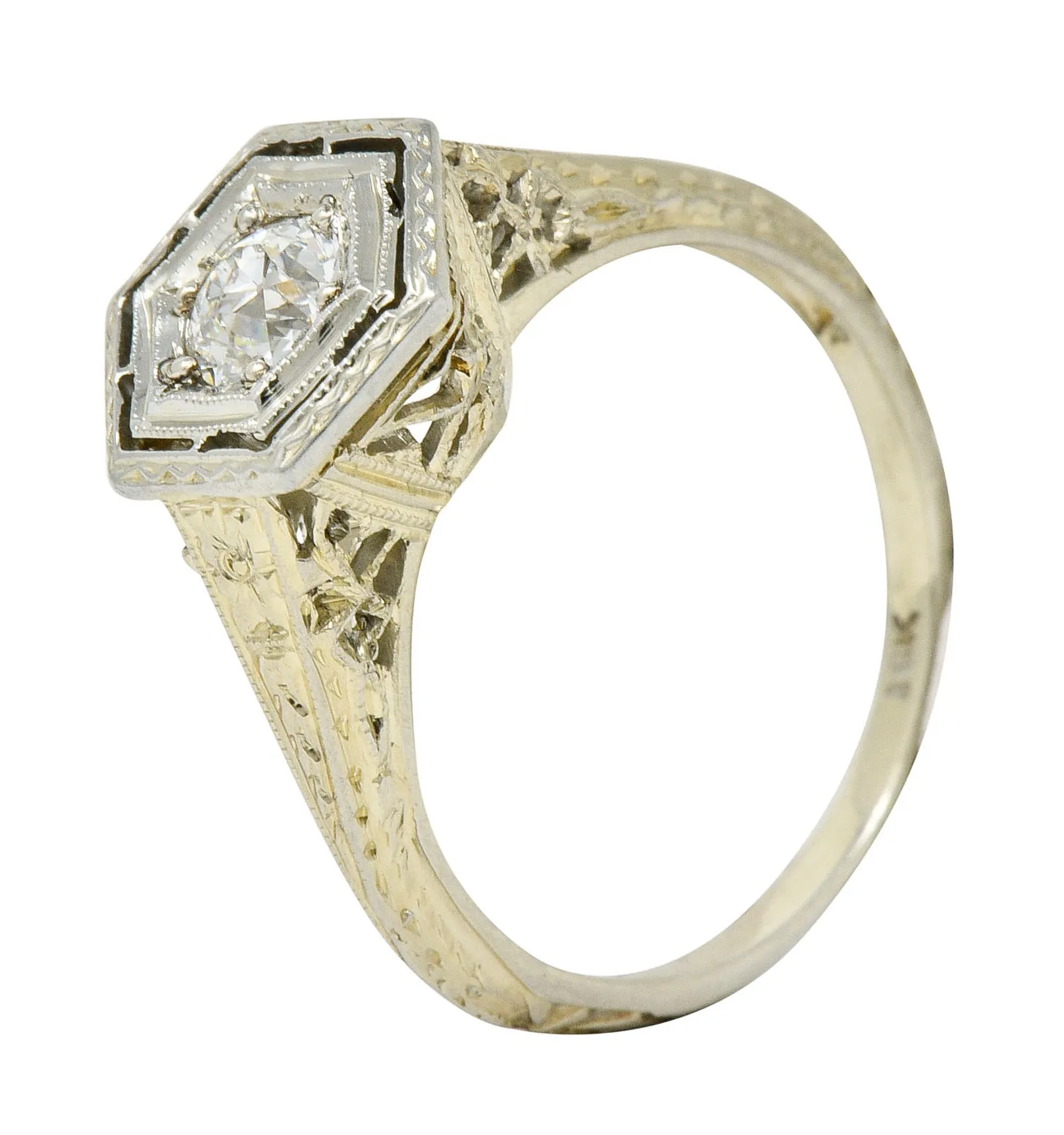 Early Art Deco 0.35 CTW Diamond Platinum-Topped 18 Karat Gold Hexagonal Engagement Ring