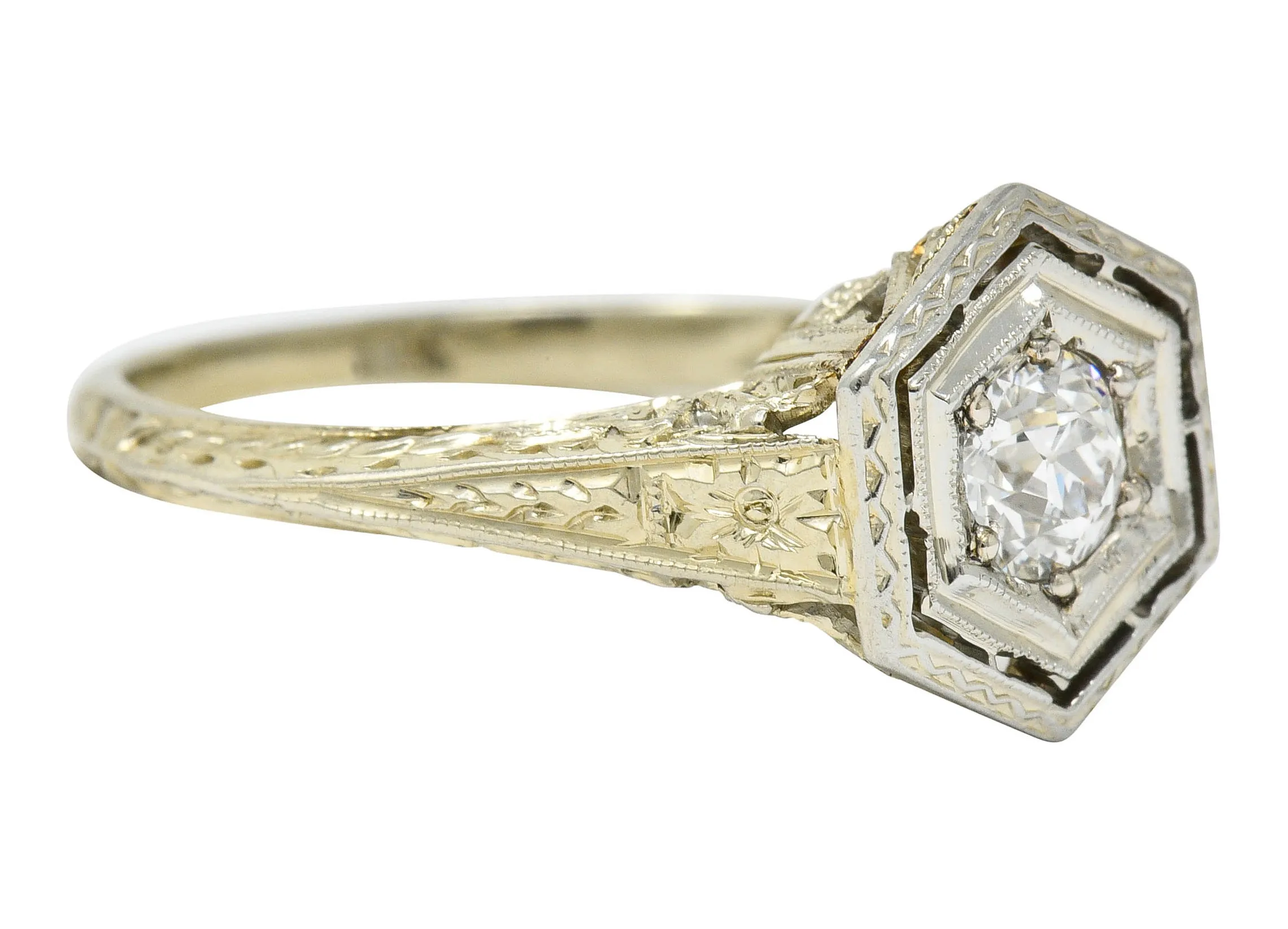 Early Art Deco 0.35 CTW Diamond Platinum-Topped 18 Karat Gold Hexagonal Engagement Ring