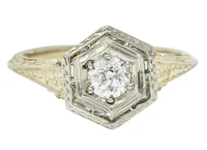 Early Art Deco 0.35 CTW Diamond Platinum-Topped 18 Karat Gold Hexagonal Engagement Ring