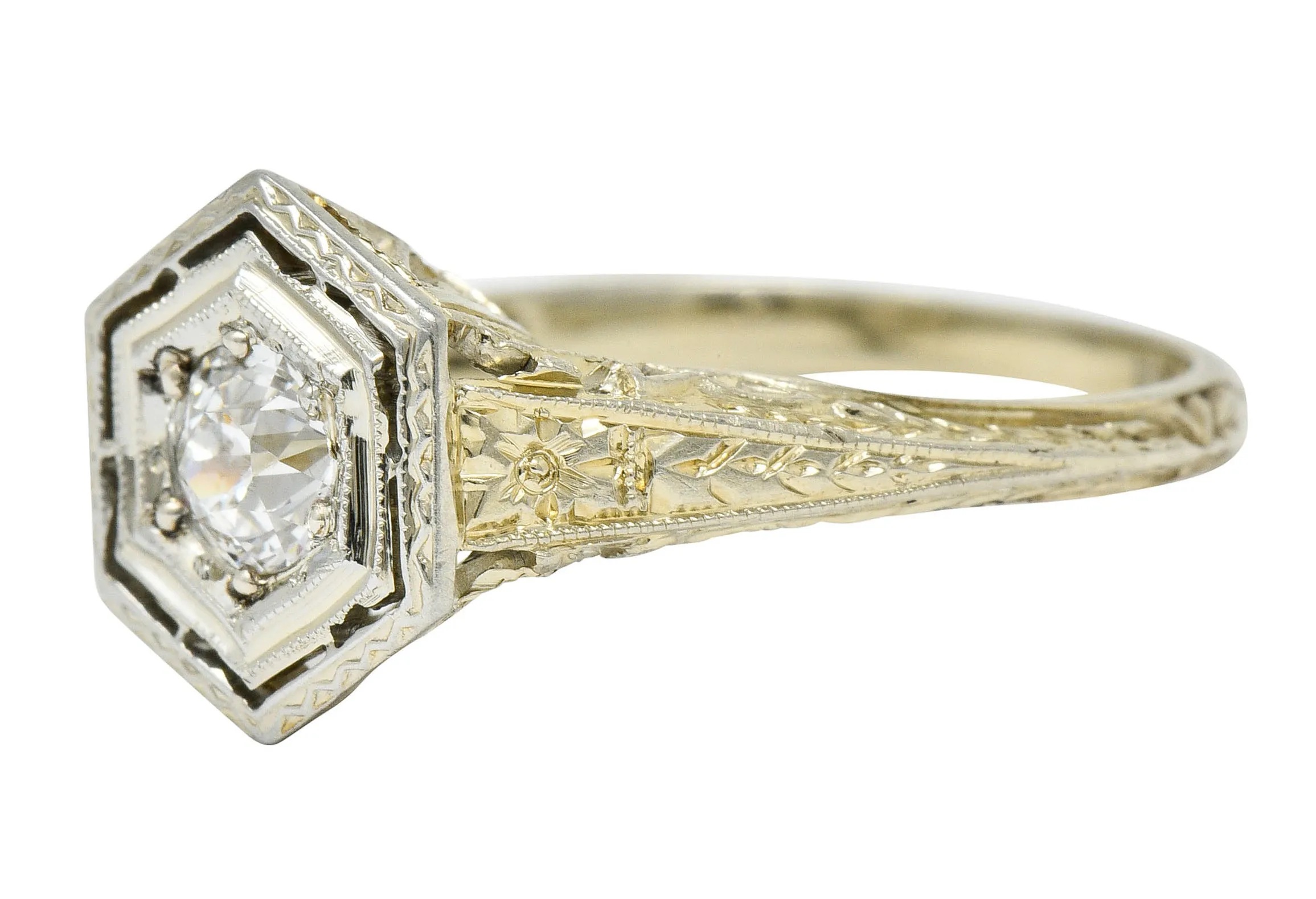 Early Art Deco 0.35 CTW Diamond Platinum-Topped 18 Karat Gold Hexagonal Engagement Ring