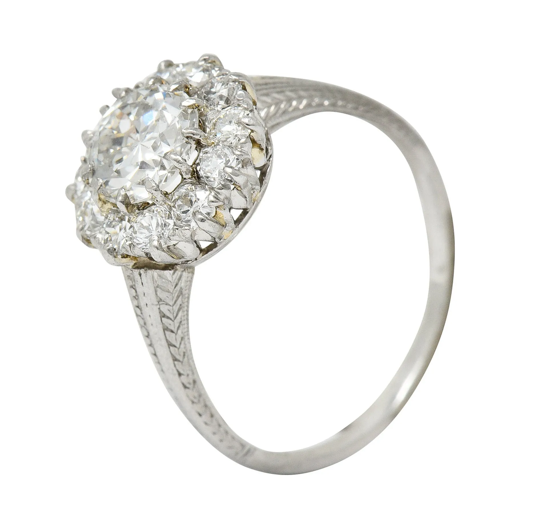 Early Art Deco 1.50 CTW Diamond Platinum Cluster Engagement Ring GIA
