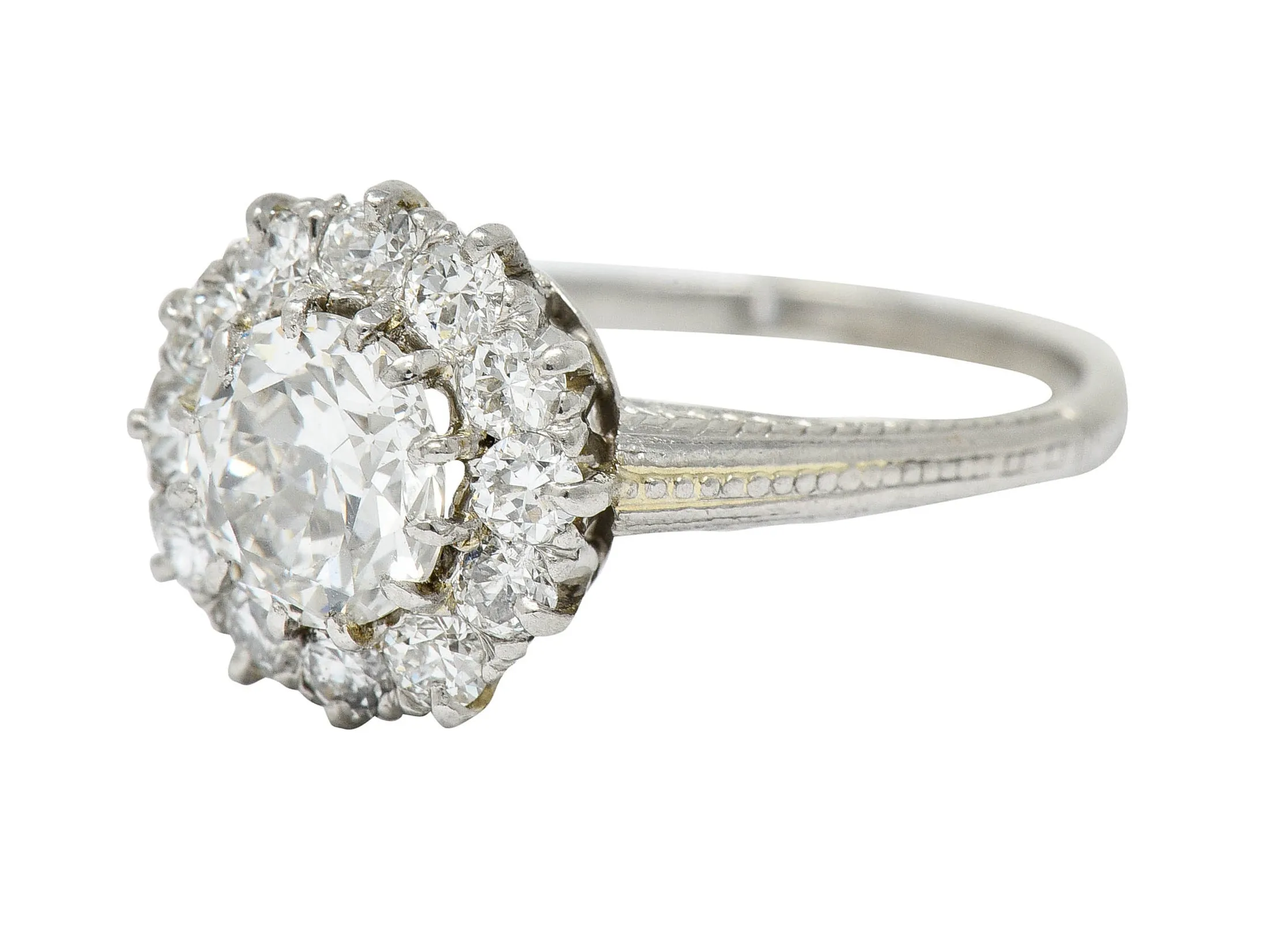 Early Art Deco 1.50 CTW Diamond Platinum Cluster Engagement Ring GIA