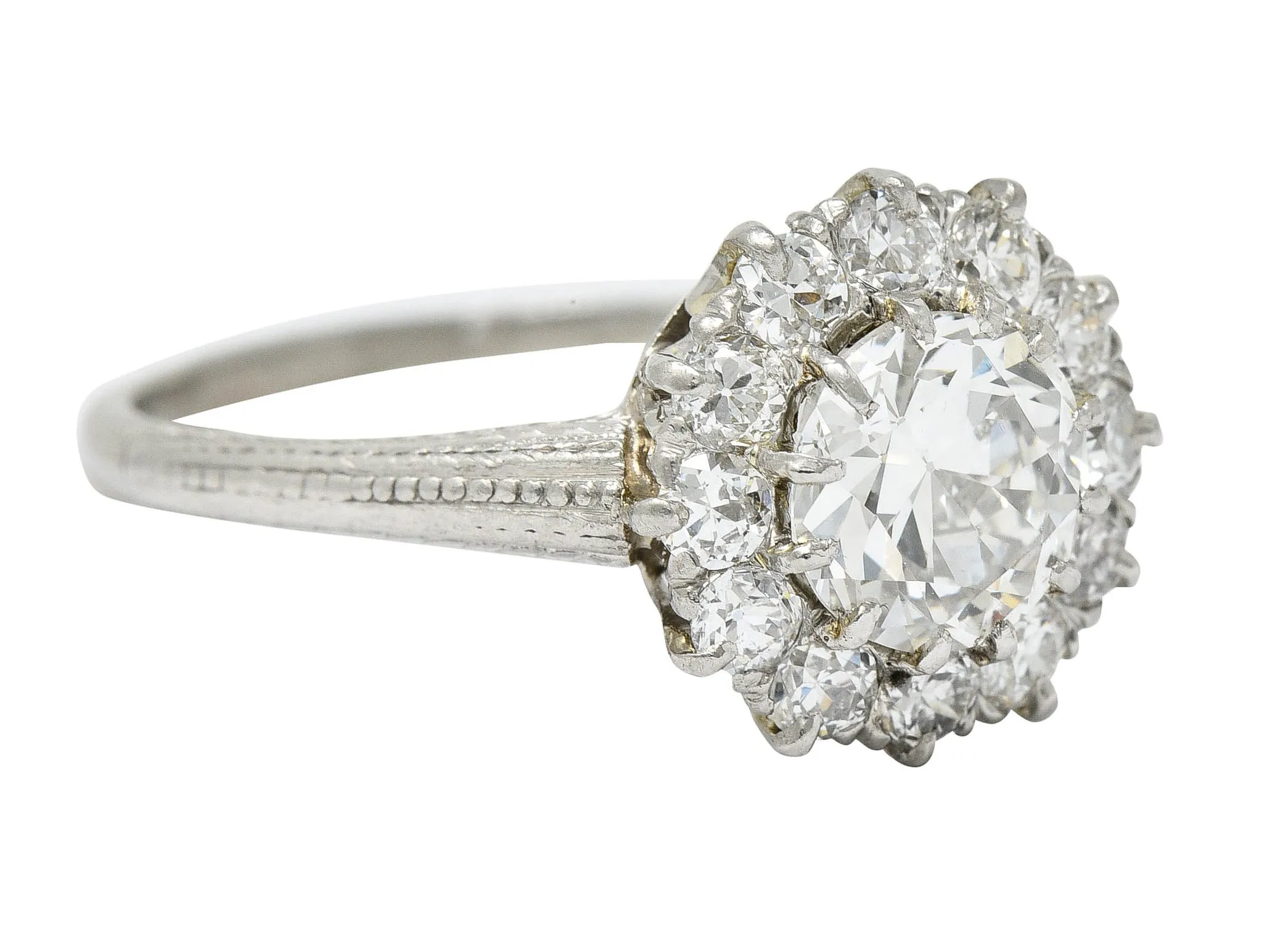Early Art Deco 1.50 CTW Diamond Platinum Cluster Engagement Ring GIA