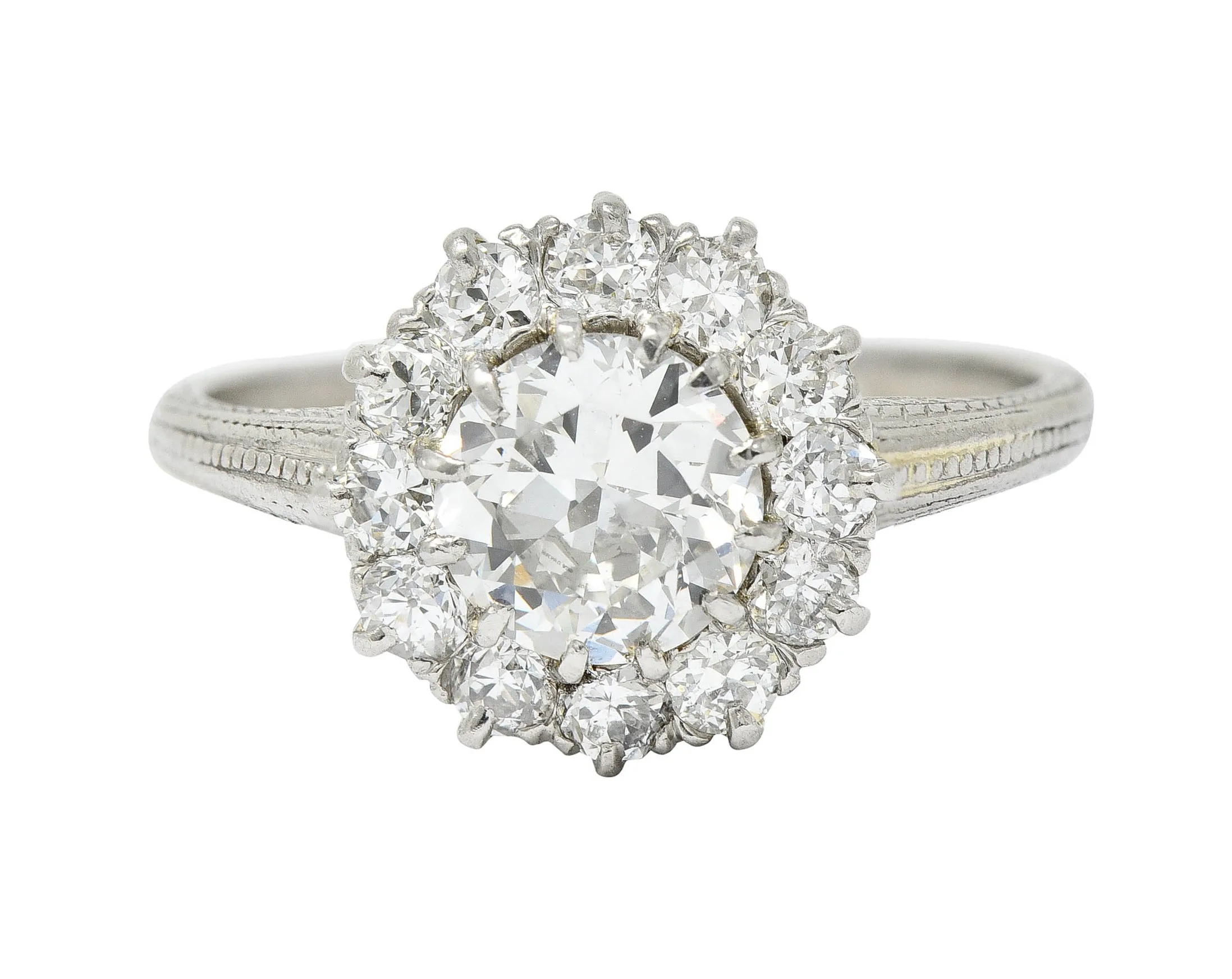 Early Art Deco 1.50 CTW Diamond Platinum Cluster Engagement Ring GIA