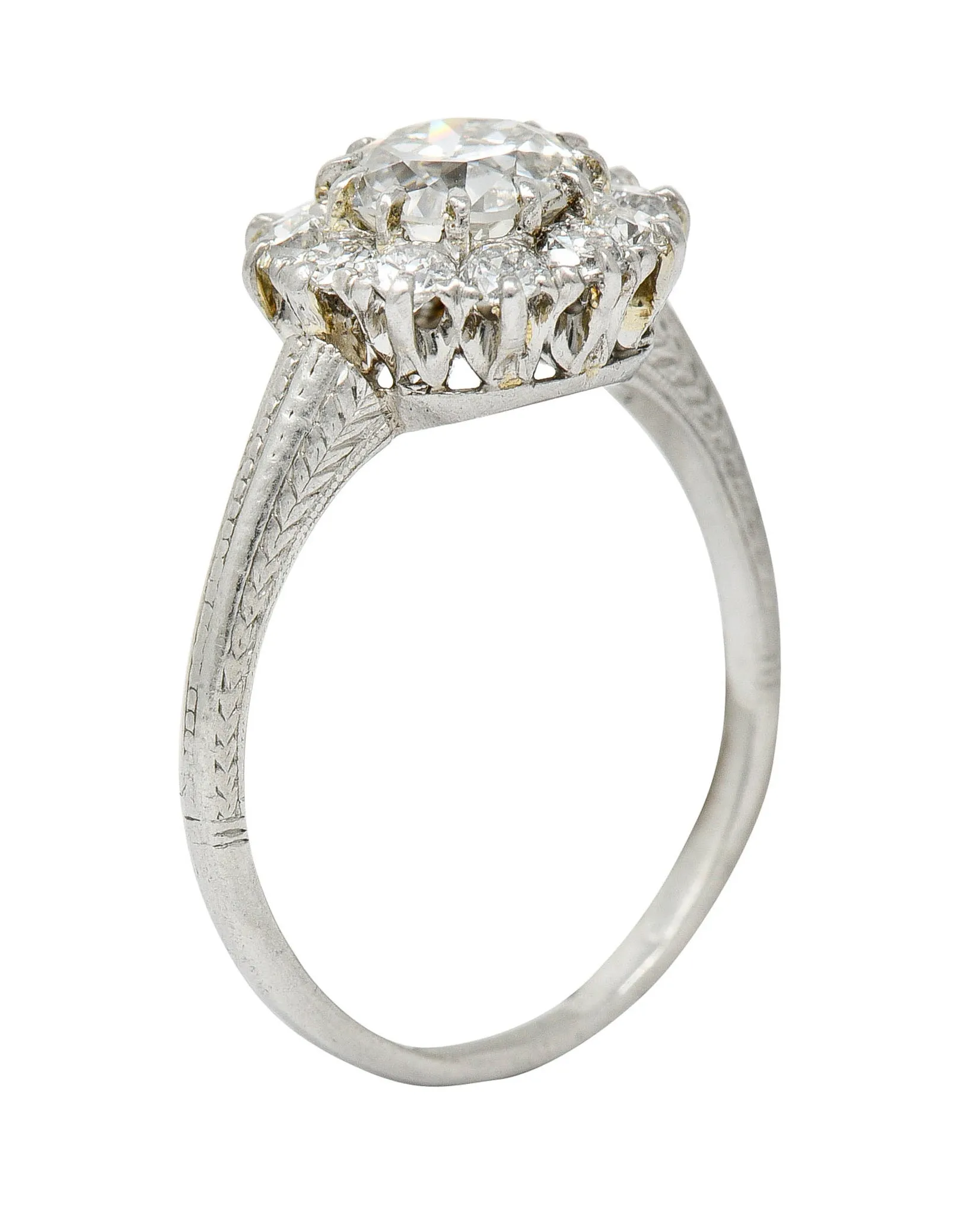Early Art Deco 1.50 CTW Diamond Platinum Cluster Engagement Ring GIA