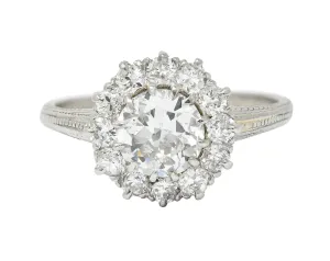 Early Art Deco 1.50 CTW Diamond Platinum Cluster Engagement Ring GIA