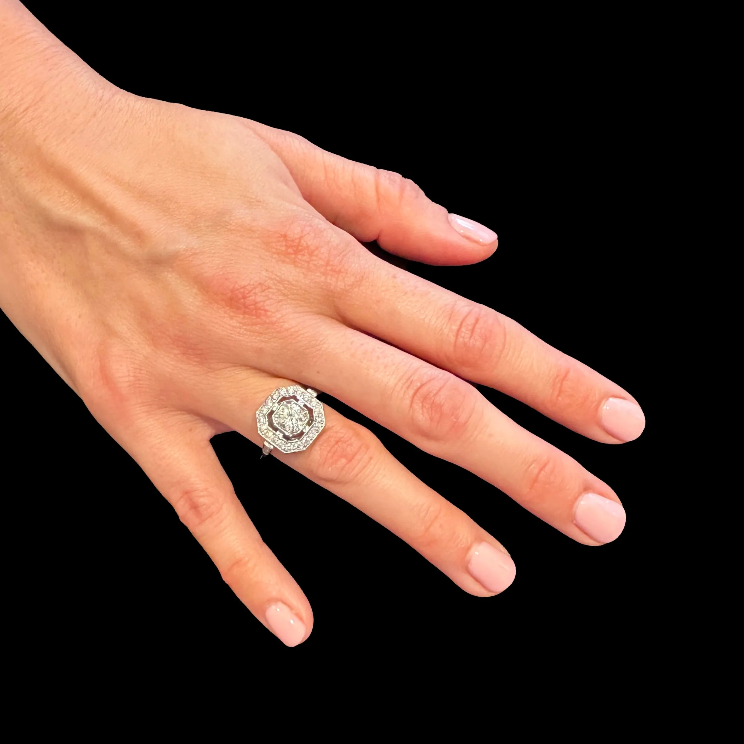 Edwardian Diamond Engagement Ring in Platinum with Octagonal Halo