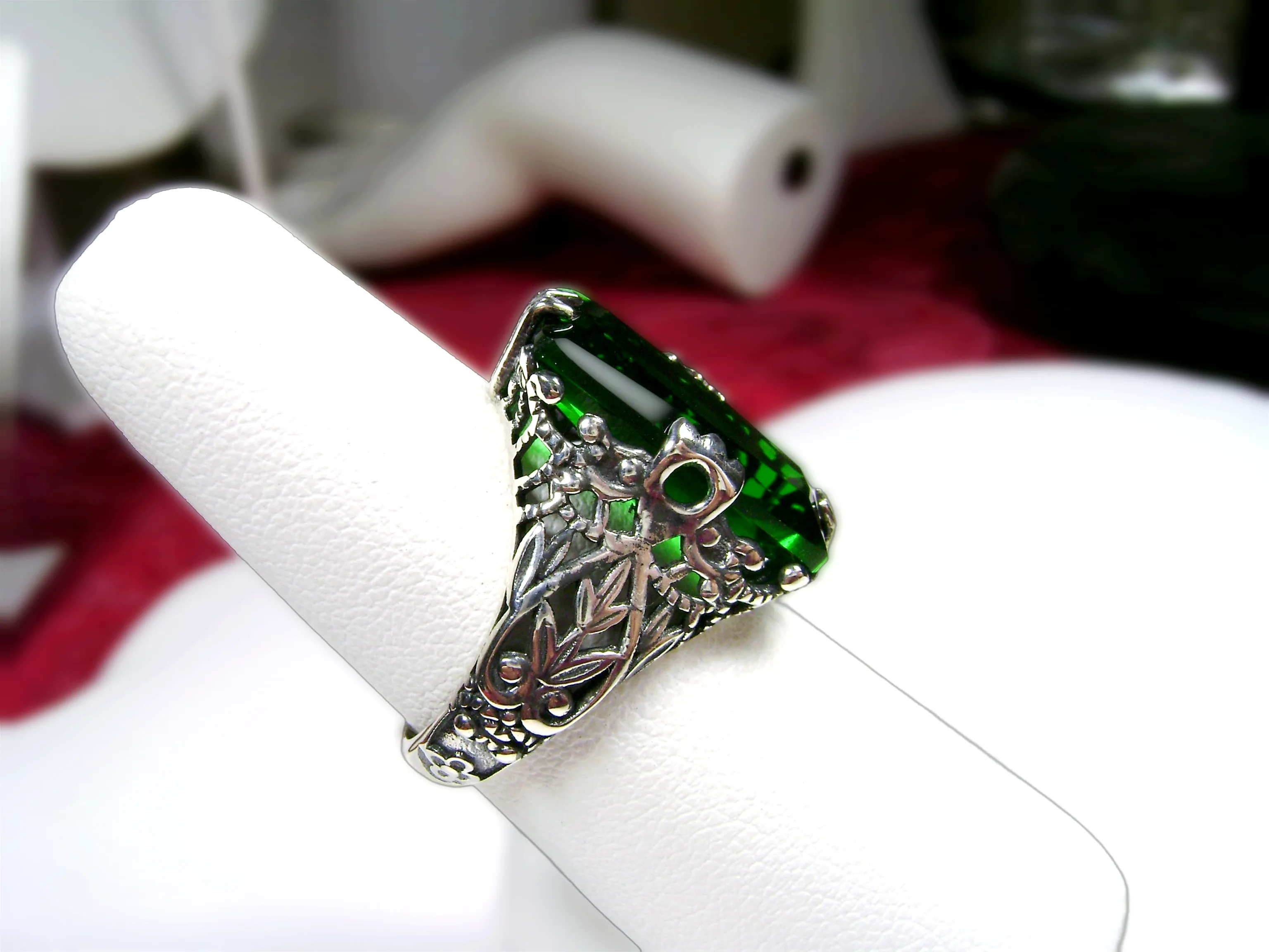 Emerald Ring, Baguette Intaglio, Victorian Jewelry #D31