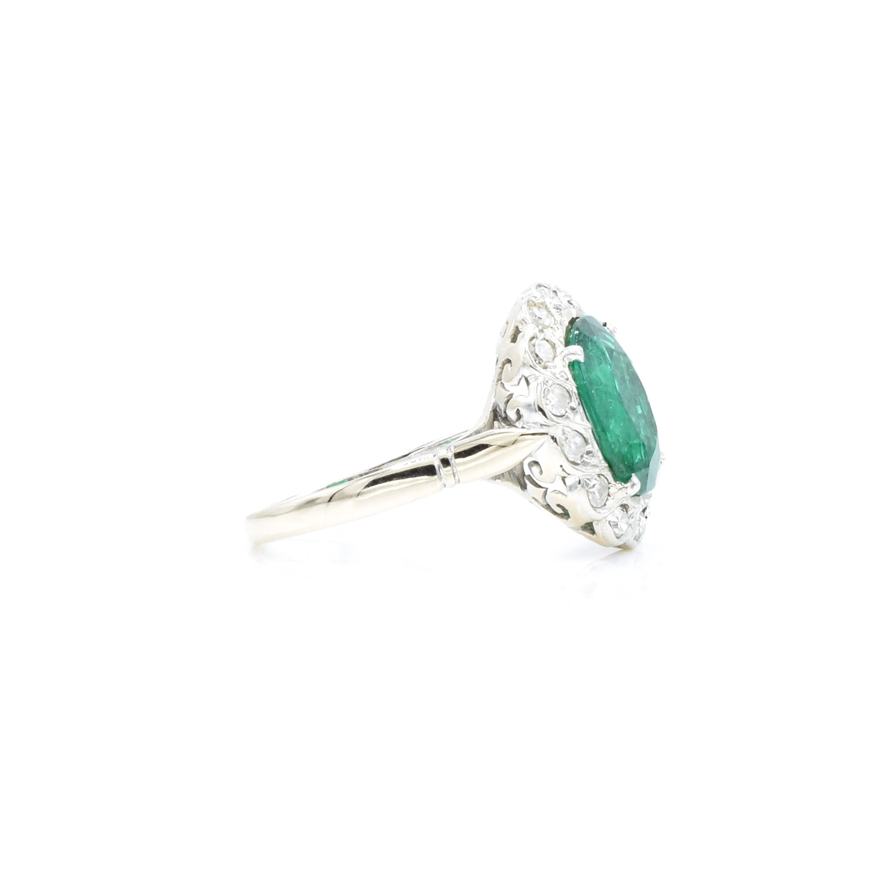 Estate 14KT White Gold Diamond And Emerald Ring Circa 1920