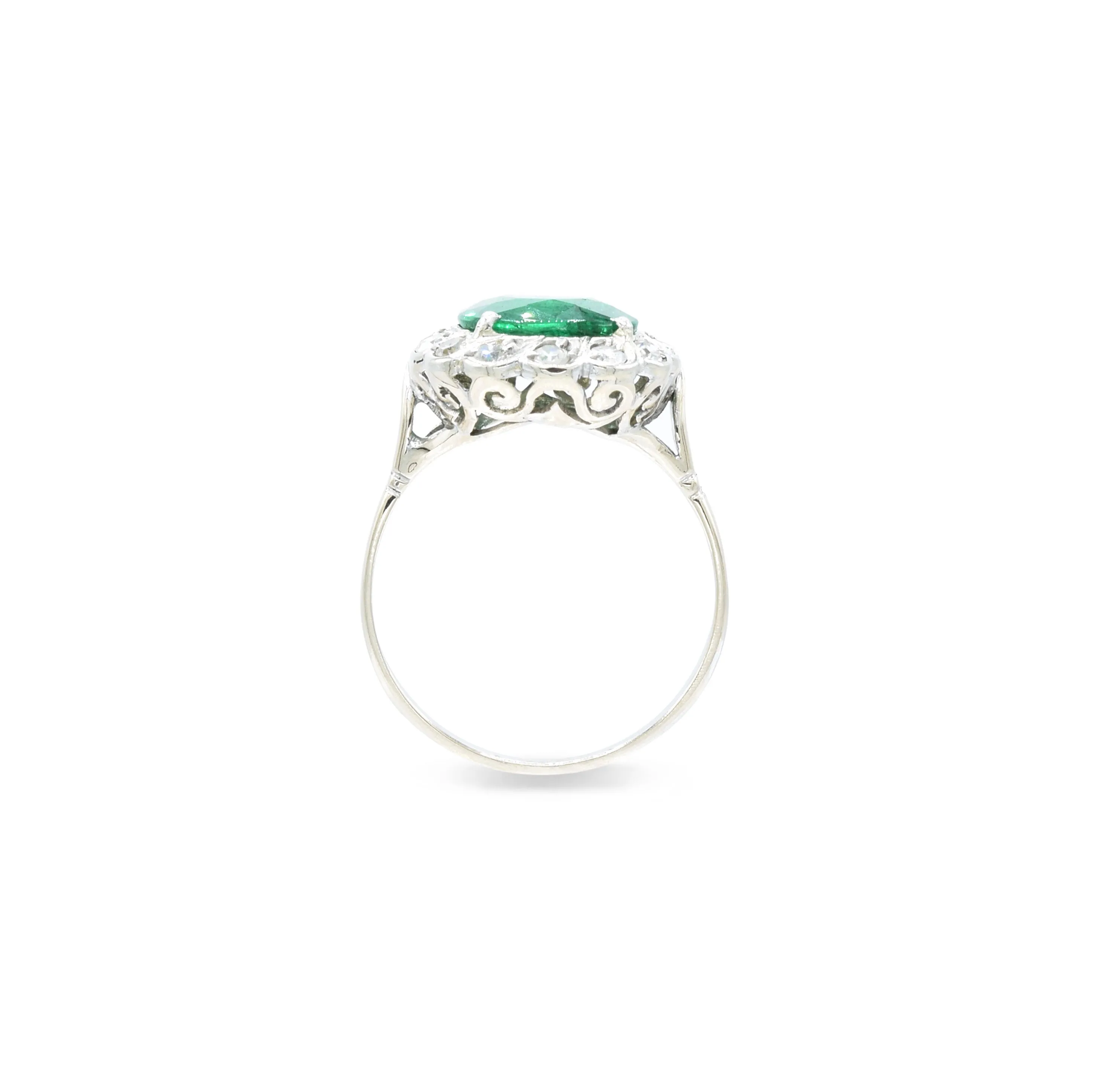 Estate 14KT White Gold Diamond And Emerald Ring Circa 1920