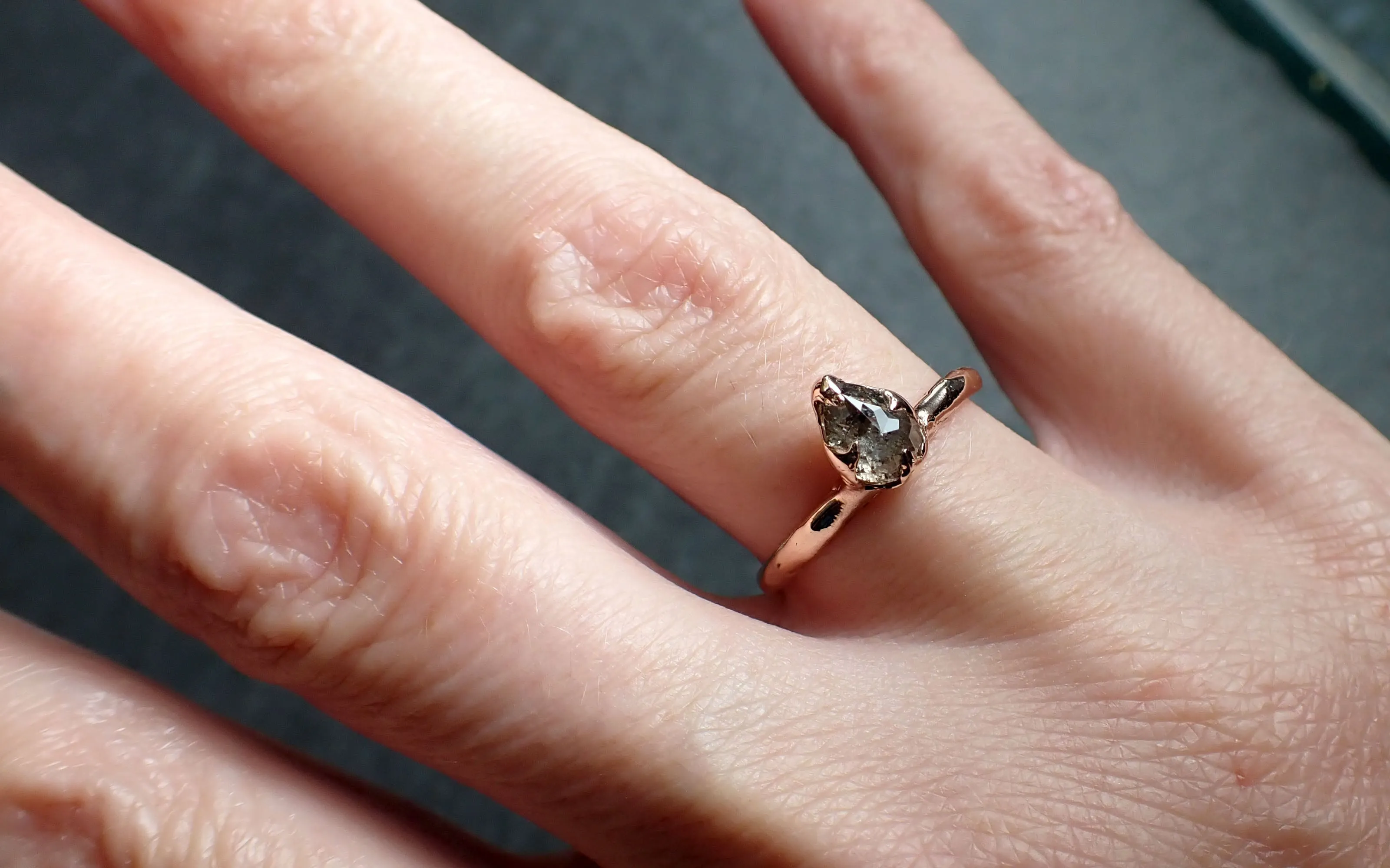 Faceted Fancy cut Salt and Pepper Diamond Solitaire Engagement 14k Rose Gold Wedding Ring byAngeline 2581
