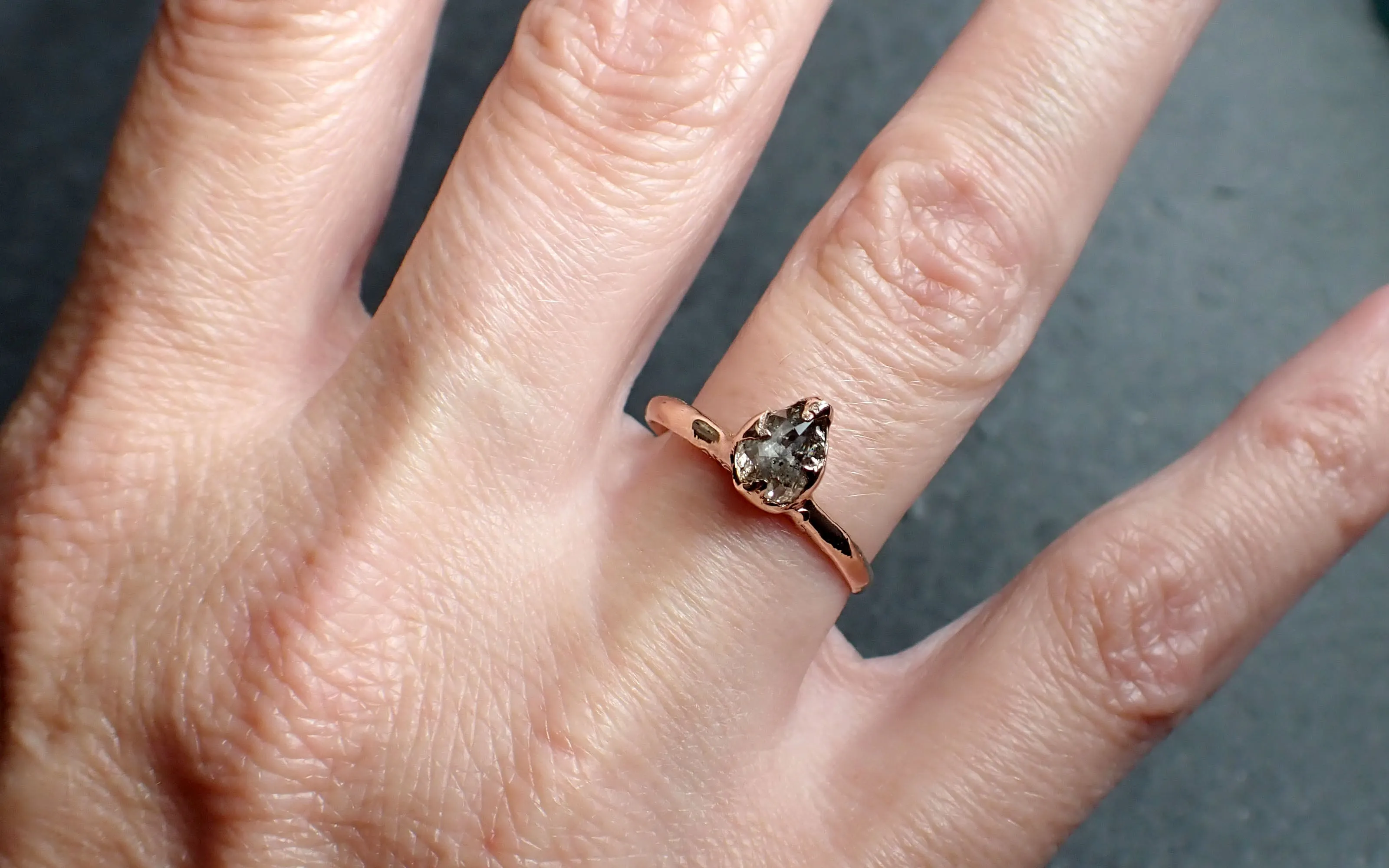 Faceted Fancy cut Salt and Pepper Diamond Solitaire Engagement 14k Rose Gold Wedding Ring byAngeline 2581