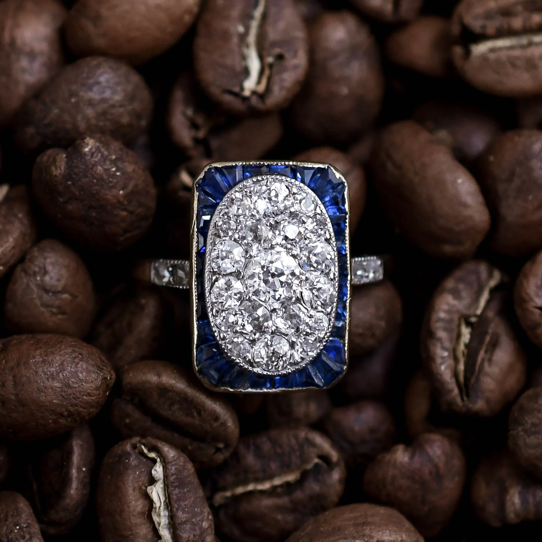 French Art Deco Diamond & Sapphire Cluster Ring