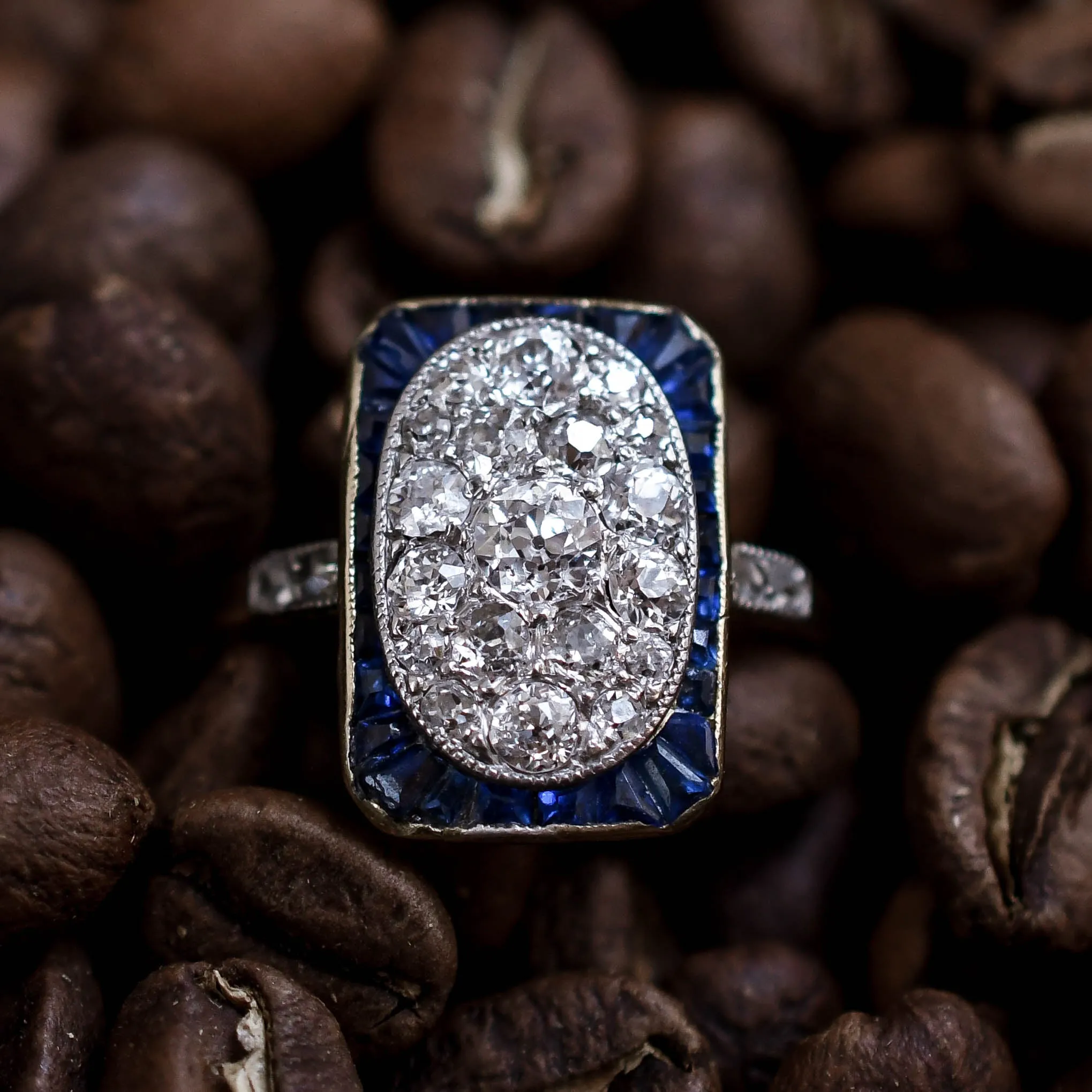 French Art Deco Diamond & Sapphire Cluster Ring